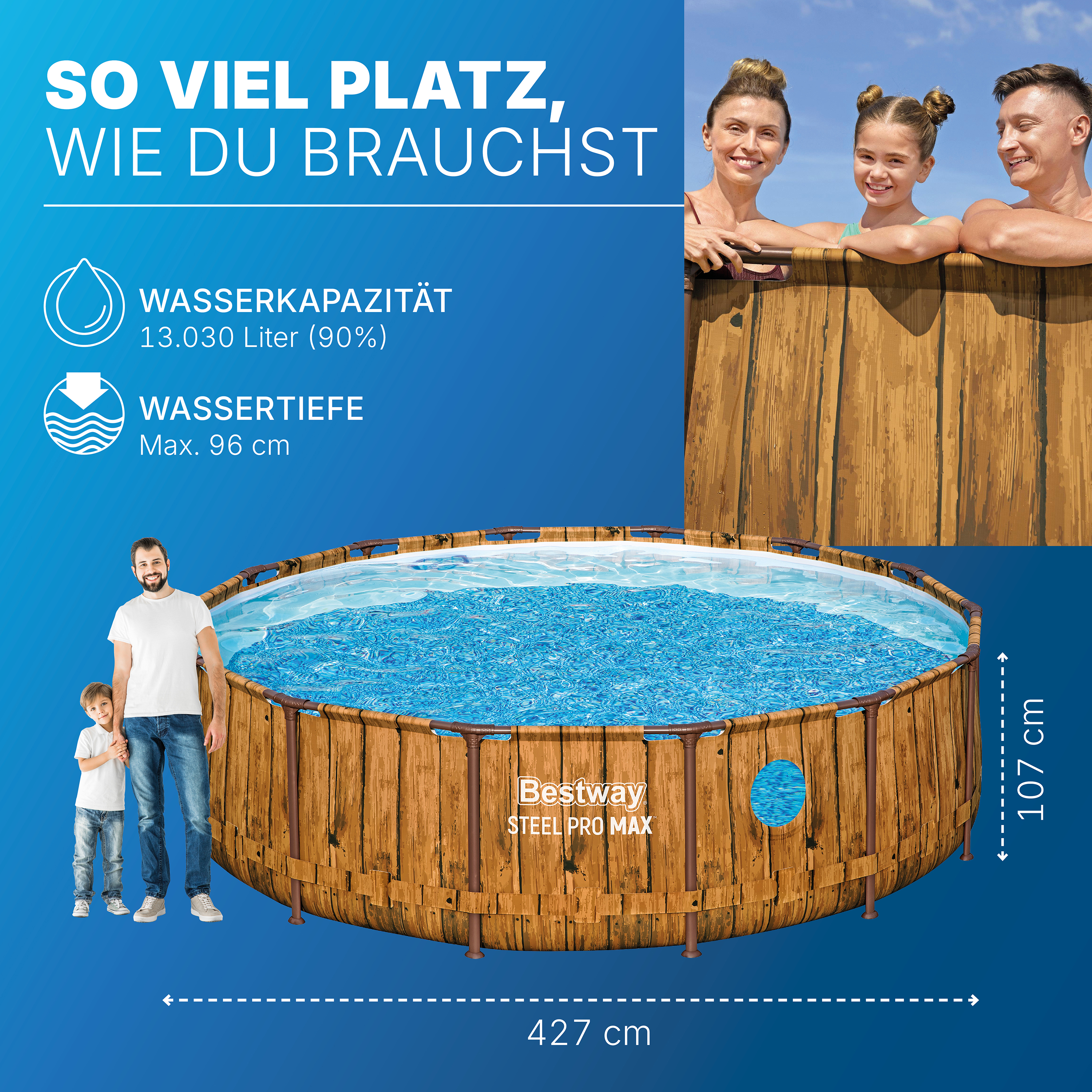Steel Pro MAX™ Splashview™ Solo Pool ohne Zubehör Ø 427 x 107 cm, Holz-Optik (Pinie), rund