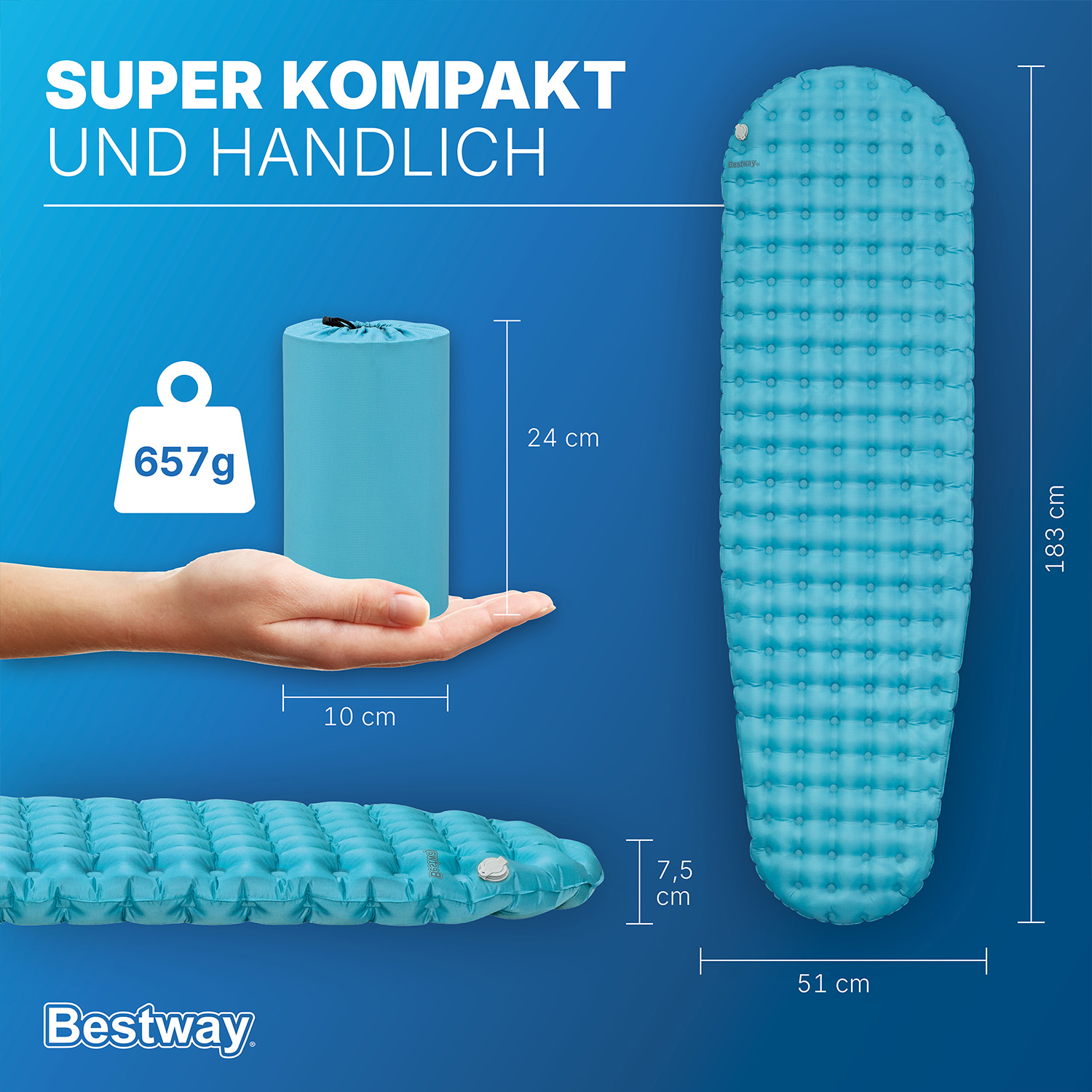 Aufblasbare TPU Single Isomatte AlpineLite™ für Mumienschlafsäcke 183 x 51 x 7,5 cm 