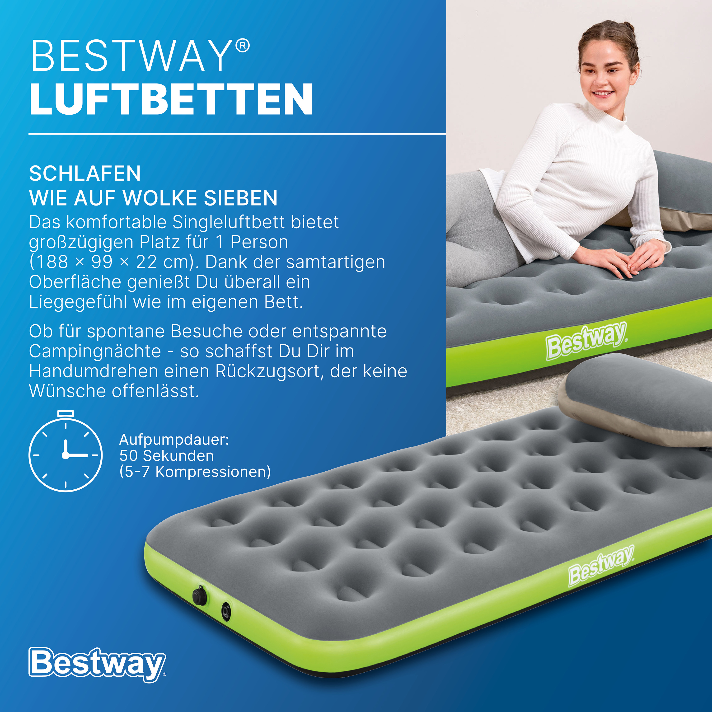 Single Luftbett Roll & Relax mit Kissenpumpe 188 x 99 x 22 cm