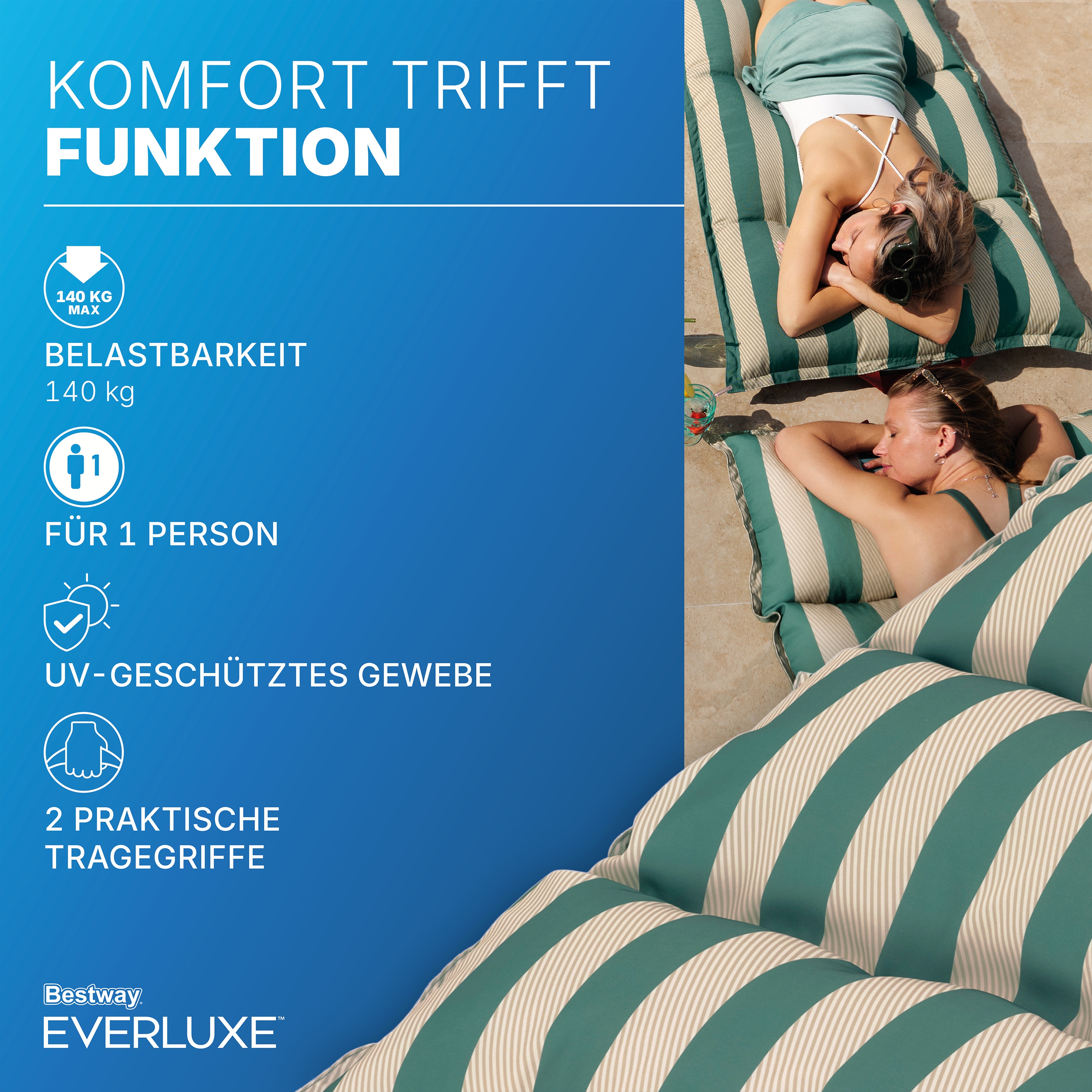 Everluxe™ Poolliege mit Textiloberfläche und EPS-Perlen-Füllung, 183 x 90 x 20 cm