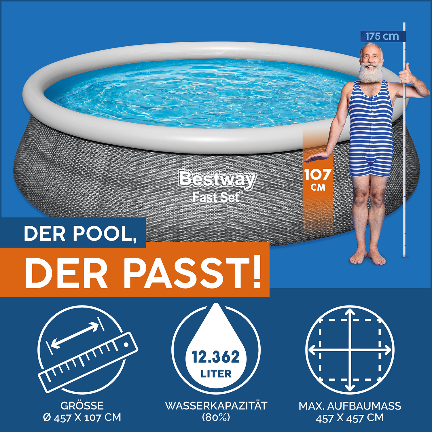 Fast Set™ Aufstellpool-Set mit Filterpumpe Ø 457 x 107 cm, Rattan-Optik (Schiefergrau), rund Fast Set™ Aufstellpool-Set mit Filterpumpe Ø 457 x 107 cm, Rattan-Optik (Schiefergrau), rund