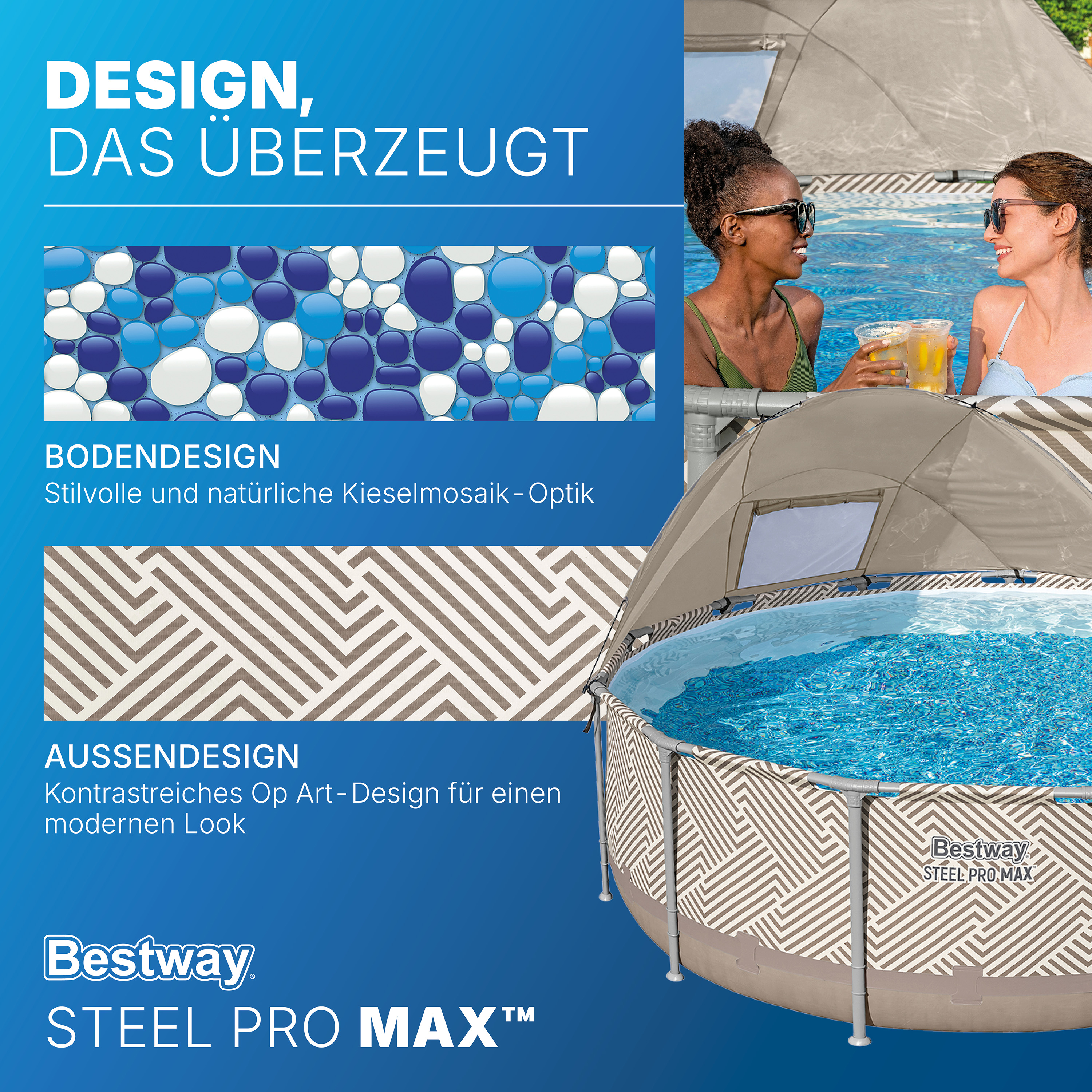 Steel Pro MAX™ Frame Pool Komplett Set mit Filterpumpe Ø 396 x 107 cm, Op Art-Design, rund
