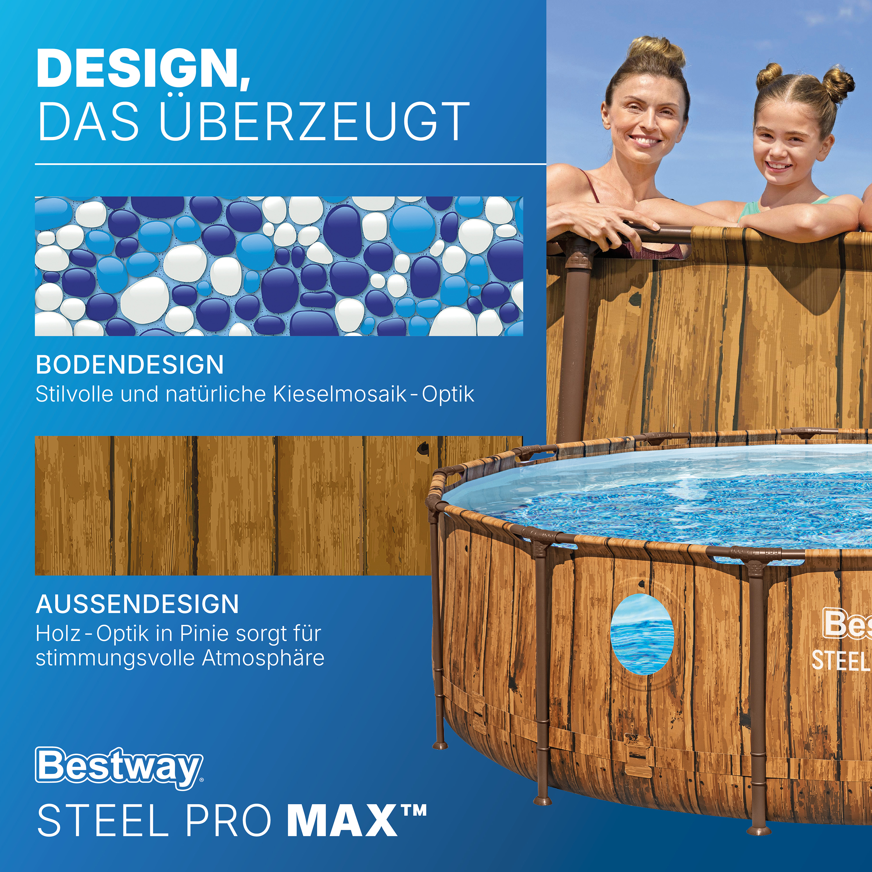 Steel Pro MAX™ Splashview™ Frame Pool Komplett Set mit Filterpumpe Ø 427 x 107 cm, Holz-Optik (Pinie), rund