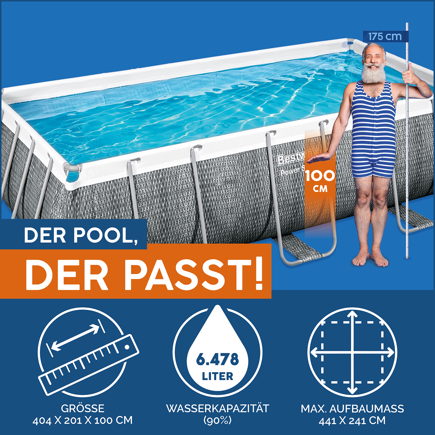 Power Steel™ Frame Pool Set mit Filterpumpe 404 x 201 x 100 cm, Rattan-Optik (Schiefergrau), eckig