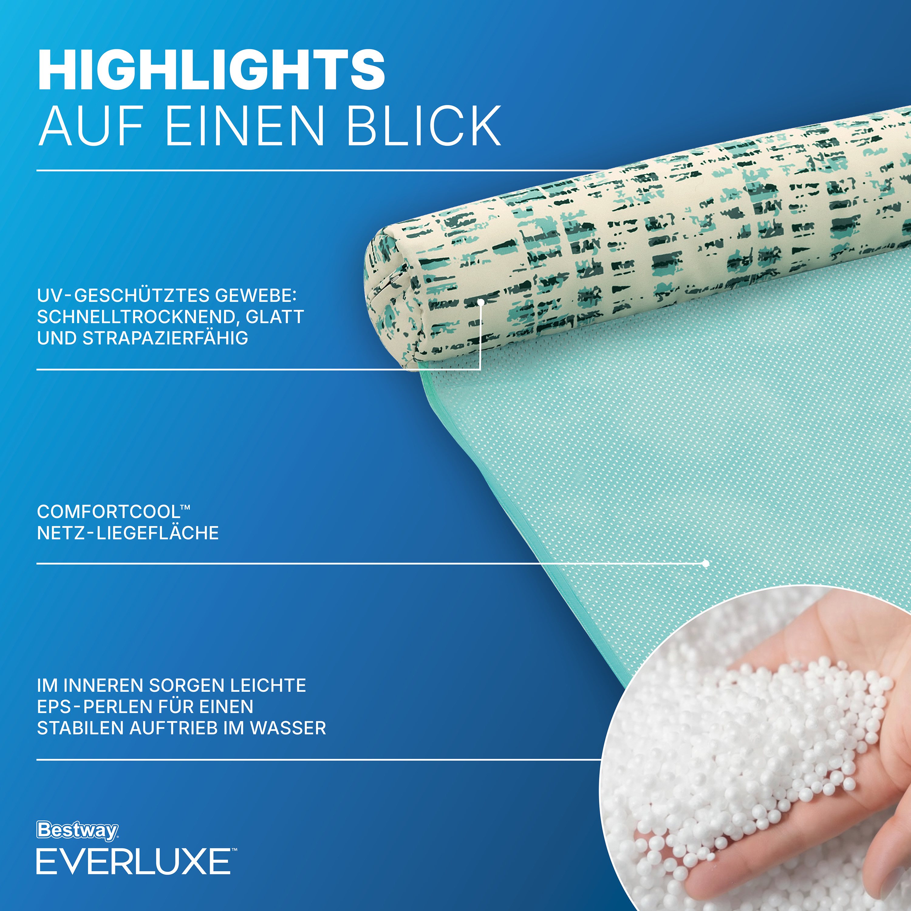 Everluxe™ Pool-Hängematte mit Textiloberfläche und EPS-Perlen-Füllung 122 x 65 x 15 cm