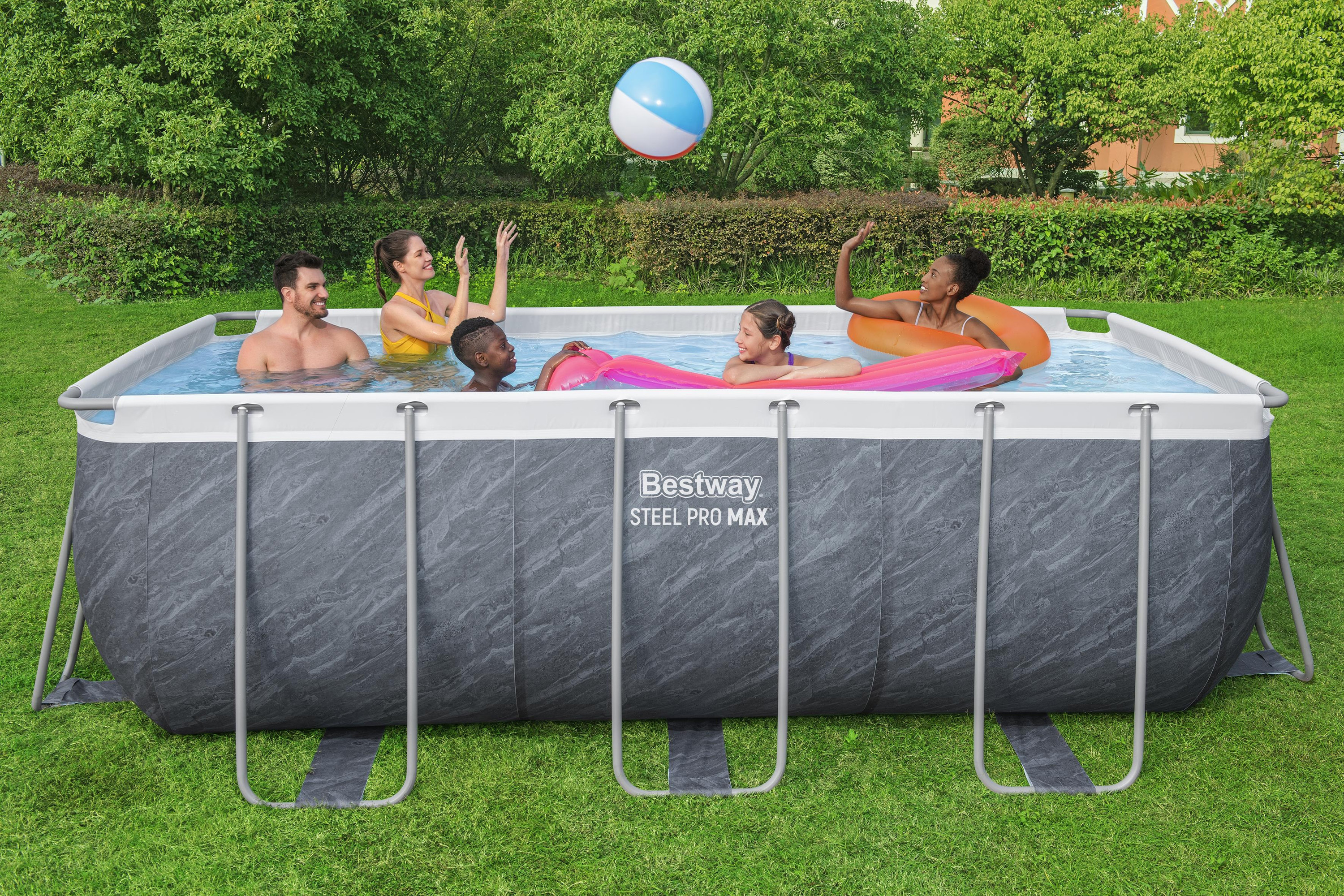 Steel Pro MAX™ Frame Pool Set mit Filterpumpe 412 x 201 x 122 cm, Marmor-Optik (Schiefergrau), eckig