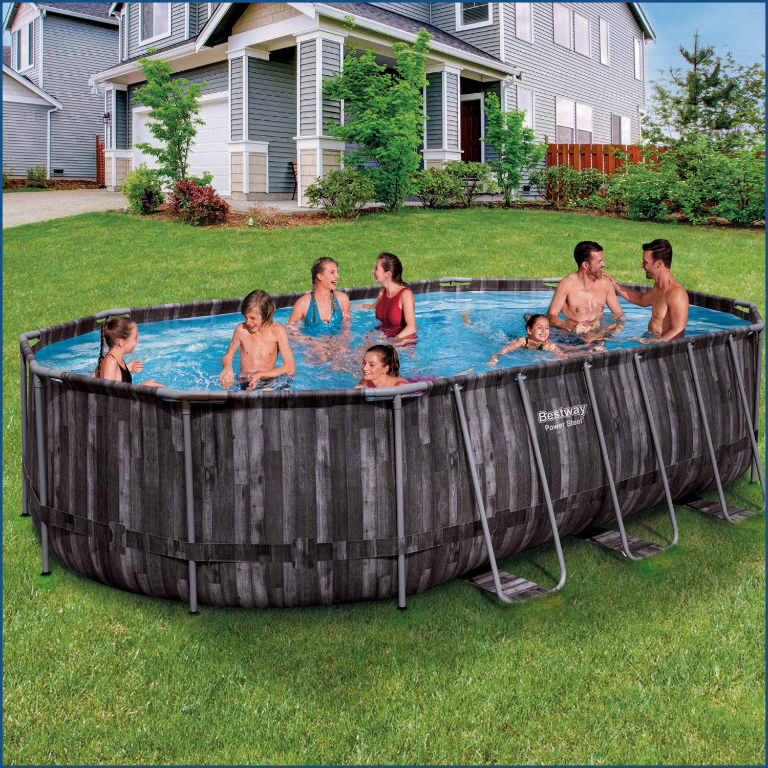 Power Steel™ Frame Pool Komplett-Set mit Filterpumpe 610 x 366 x 122 cm , Holz-Optik (Mooreiche), oval