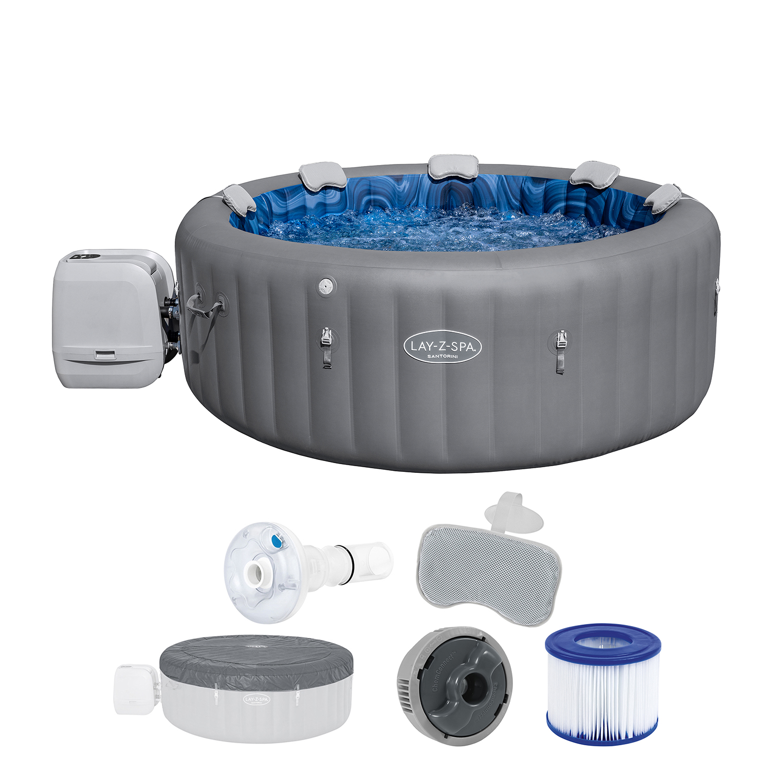 LAY-Z-SPA® Energiespar Whirlpool Santorini HydroJet Pro™ mit App-Steuerung, für 7 Personen Ø 216 x 80 cm, Graphit