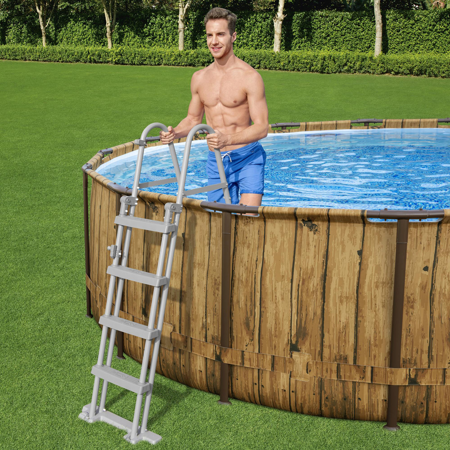 Power Steel™ Swim Vista Series™ Frame Pool Komplett-Set mit Filterpumpe Ø 488 x 122 cm, Holz-Optik (Pinie), rund