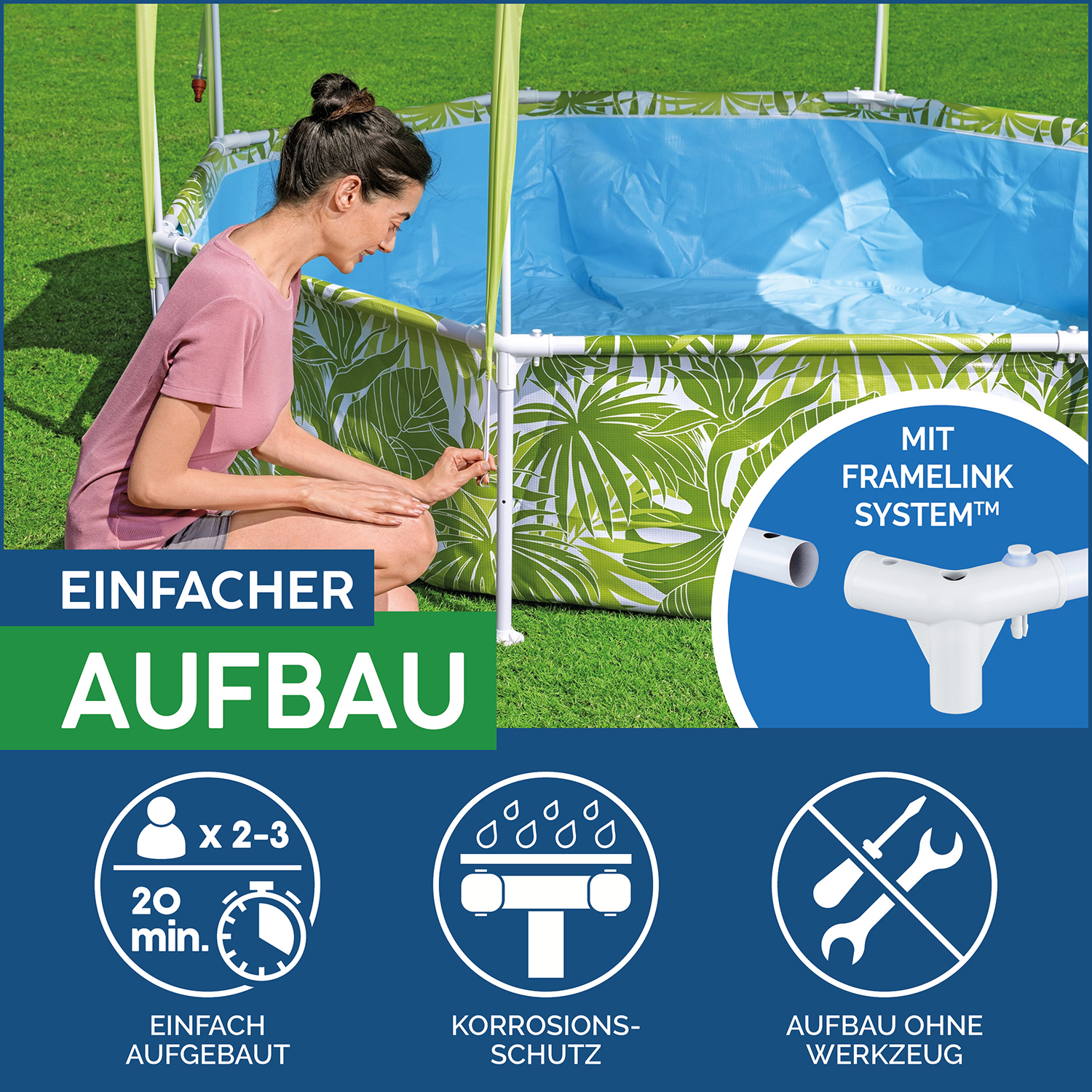 Steel Pro™ Frame Pool mit Sonnenschutzdach "Splash-in-Shade" ohne Pumpe Ø 244 x 51 cm, grünes Blätter-Design, rund 