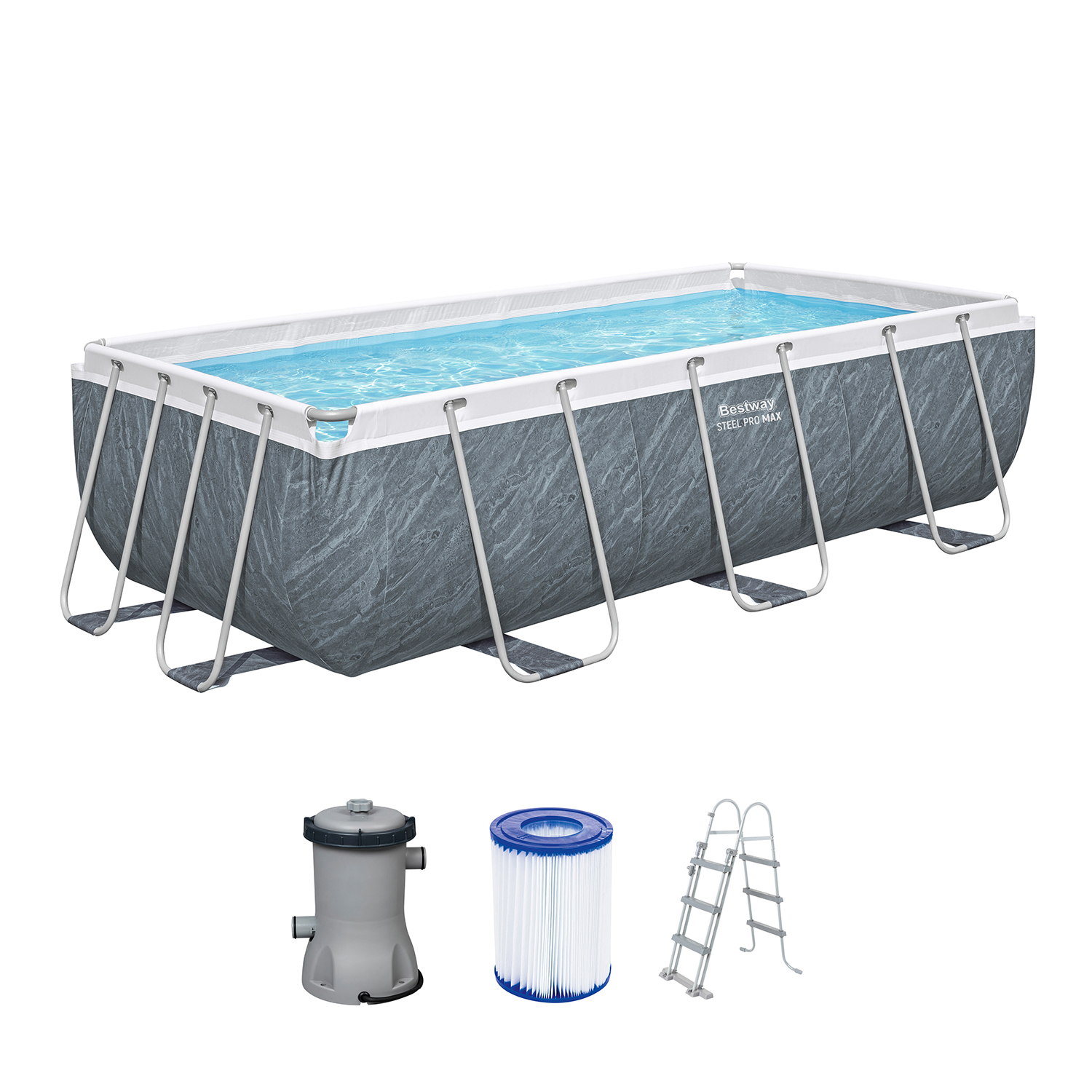 Steel Pro MAX™ Frame Pool Set mit Filterpumpe 404 x 201 x 100 cm, Marmor-Optik (Schiefergrau), eckig