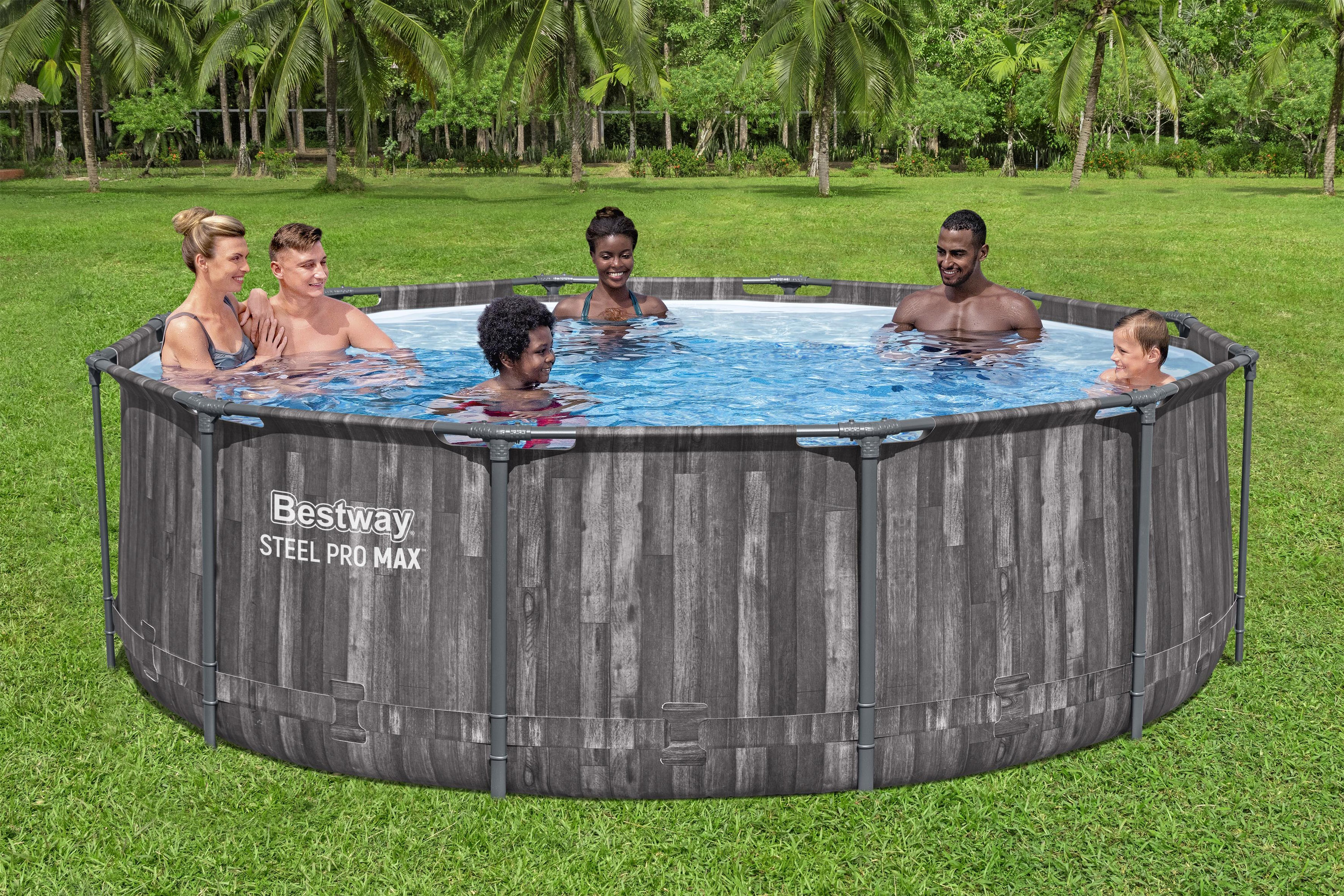 Steel Pro MAX™ Frame Pool Set mit Filterpumpe Ø 366 x 100 cm, Holz-Optik (Mooreiche), rund