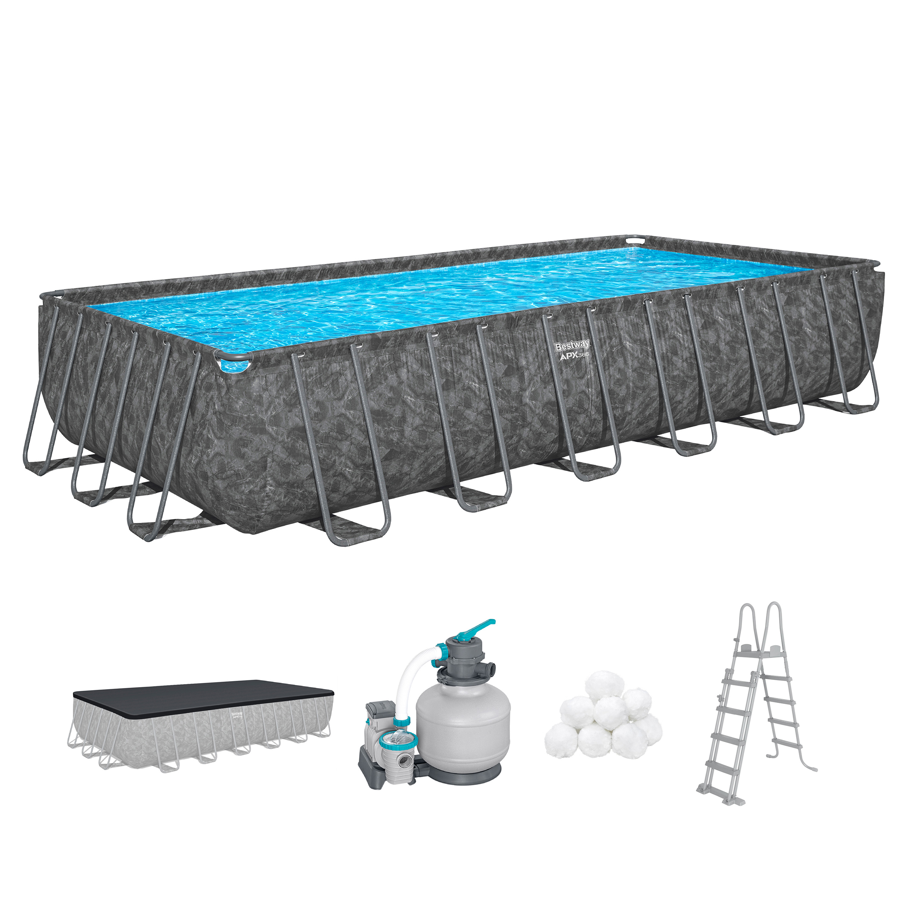 APX365™ Winterfestes Frame Pool Komplett Set mit Sandfilteranlage 732 x 366 x 132 cm, Marmor-Optik (Dunkel), eckig