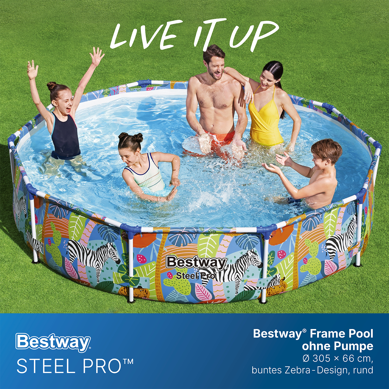 Steel Pro™ Frame Pool ohne Pumpe Ø 305 x 66 cm, buntes Zebra-Design, rund