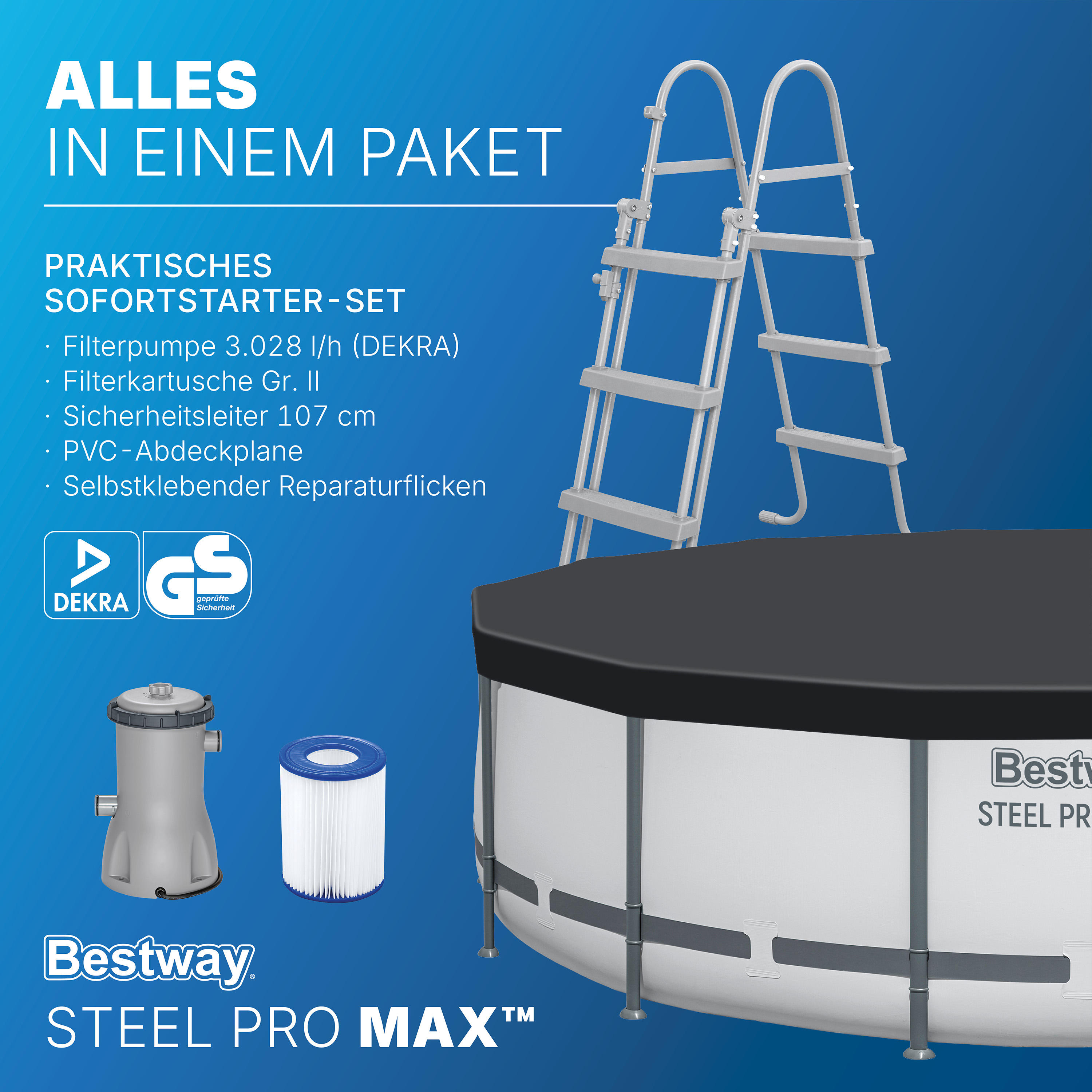 Steel Pro MAX™ Frame Pool Komplett Set mit Filterpumpe Ø 427 x 107 cm, lichtgrau, rund