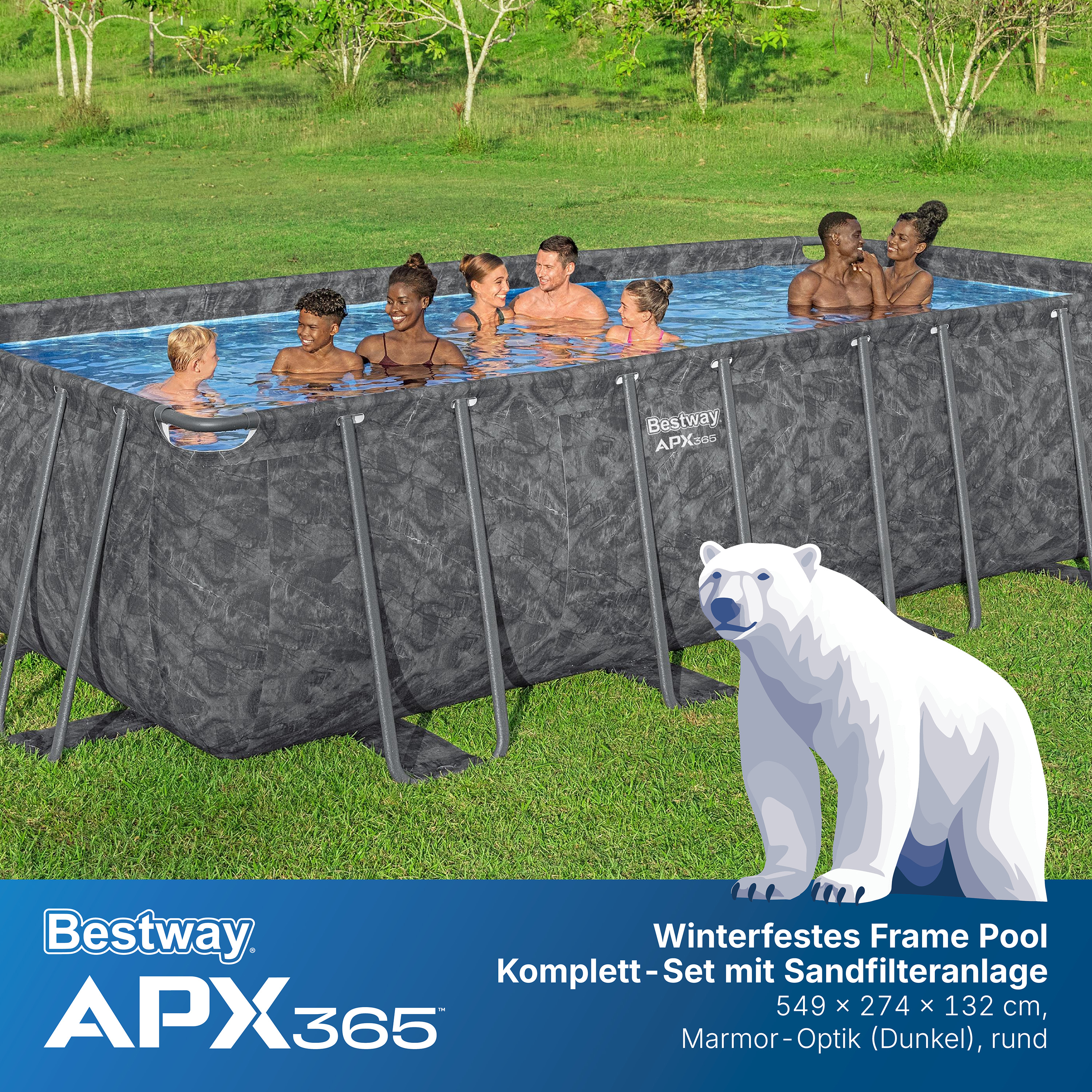 APX365™ Winterfestes Frame Pool Komplett Set mit Sandfilteranlage 549 x 274 x 132 cm, Marmor-Optik (Dunkel), eckig