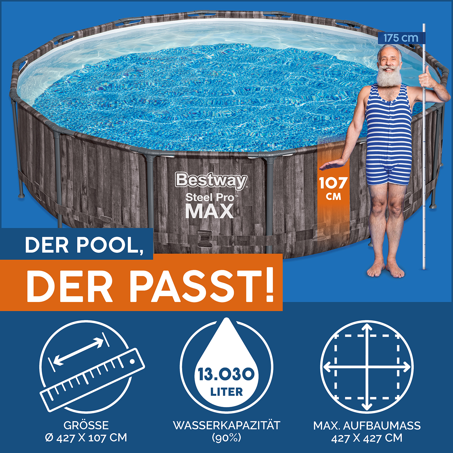Steel Pro MAX™ Solo Pool ohne Zubehör Ø 427 x 107 cm, Holz-Optik (Mooreiche), rund