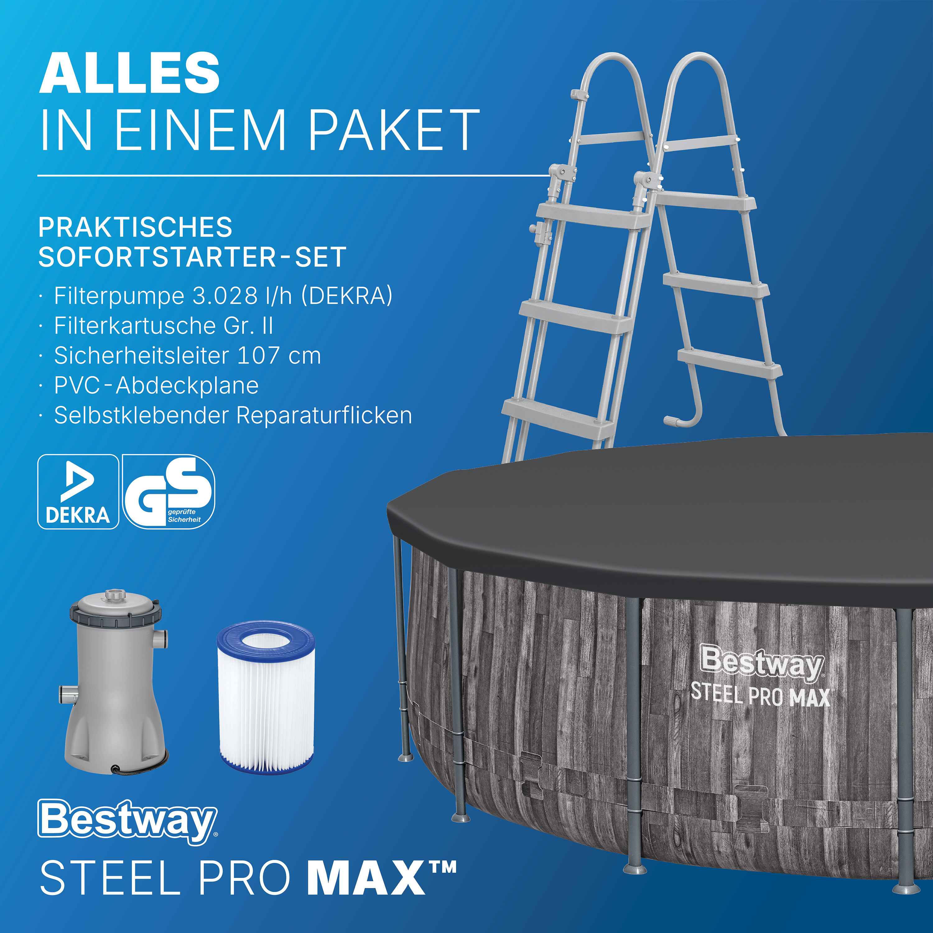 Steel Pro MAX™ Frame Pool Komplett Set mit Filterpumpe Ø 427 x 107 cm, Holz-Optik (Mooreiche), rund