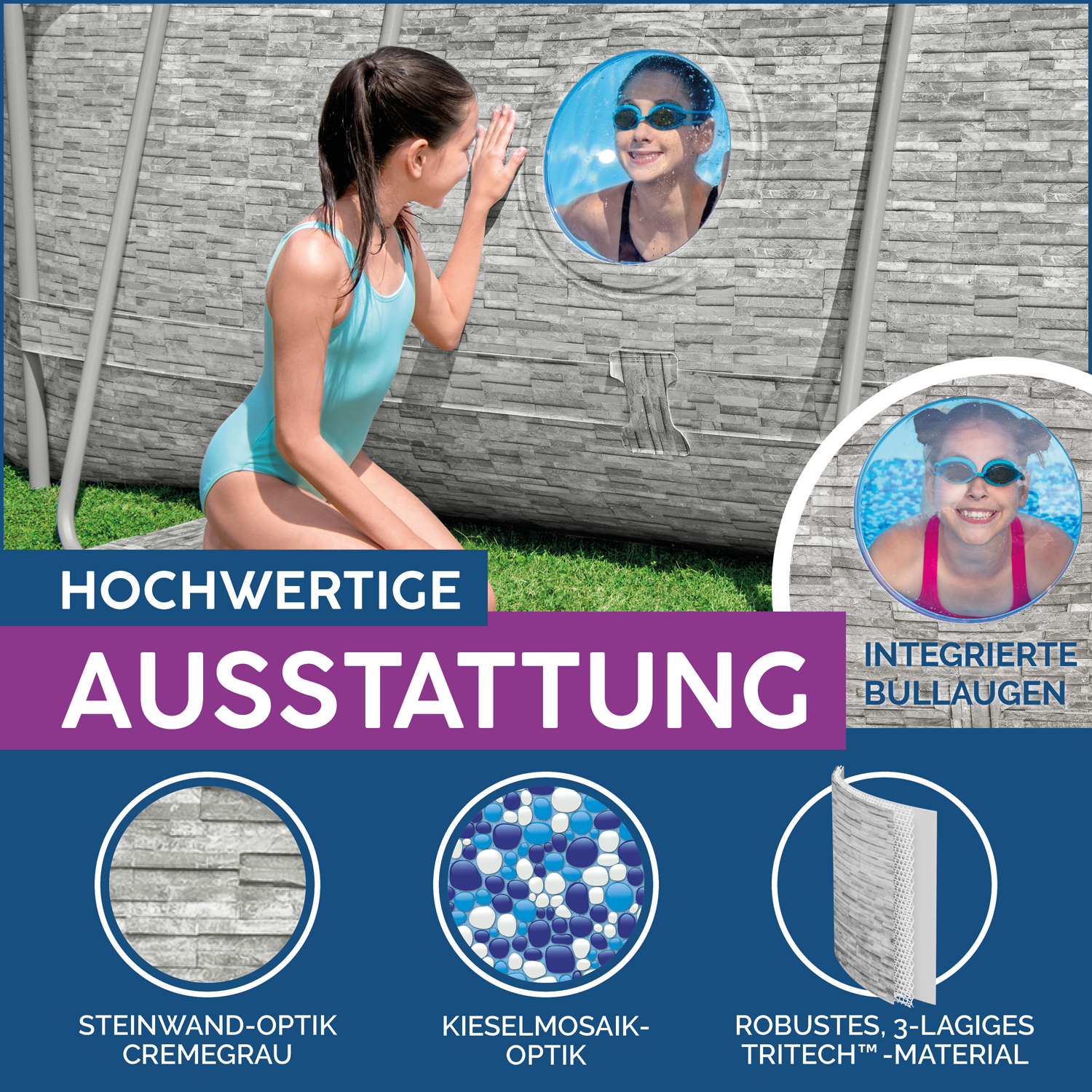 Power Steel™ Swim Vista Series™ Frame Pool Komplett-Set mit Filterpumpe 427 x 250 x 100 cm, Steinwand-Optik (Cremegrau), oval