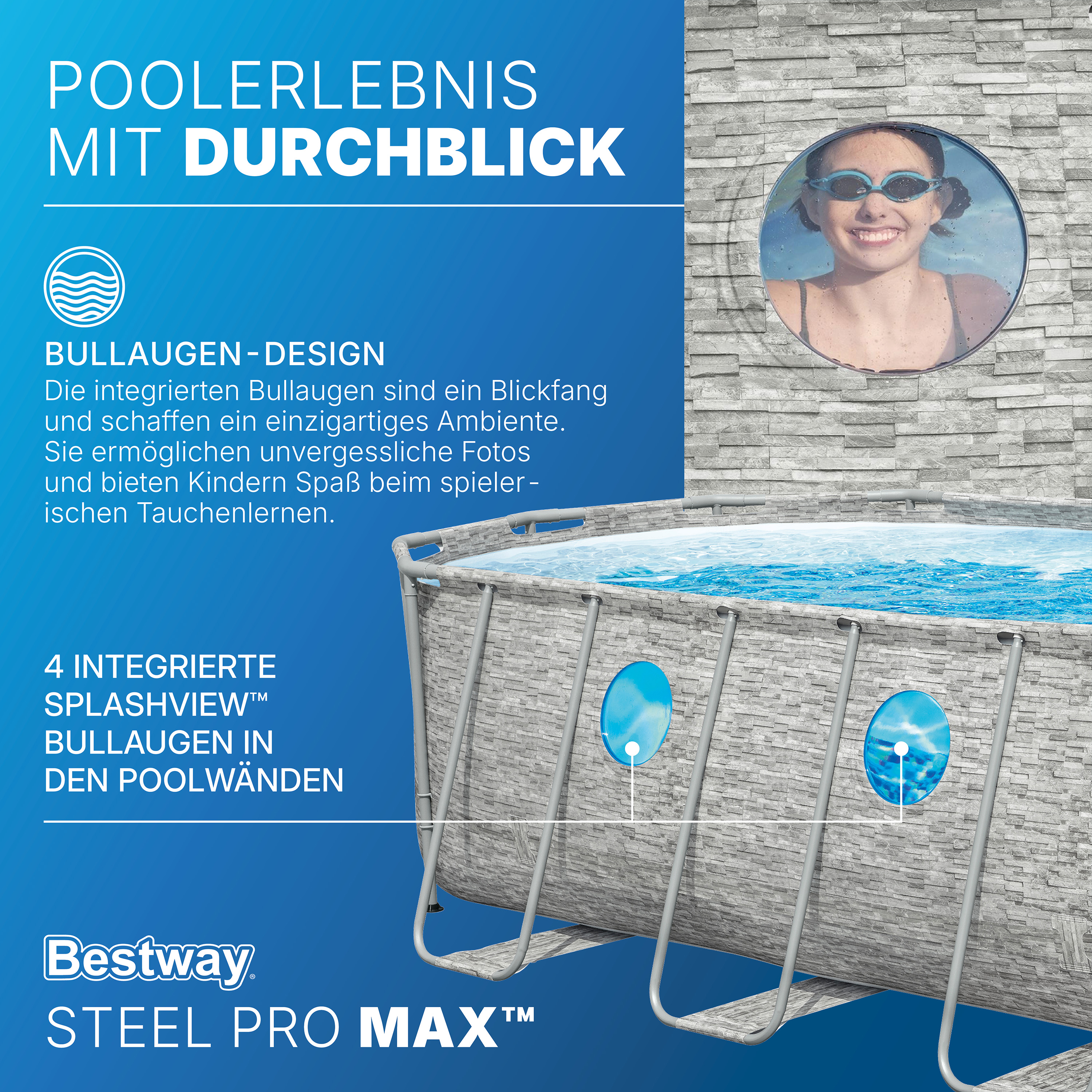 Steel Pro MAX™ Splashview™ Frame Pool Komplett Set mit Filterpumpe 549 x 274 x 122 cm, Steinwand-Optik (Cremegrau), oval