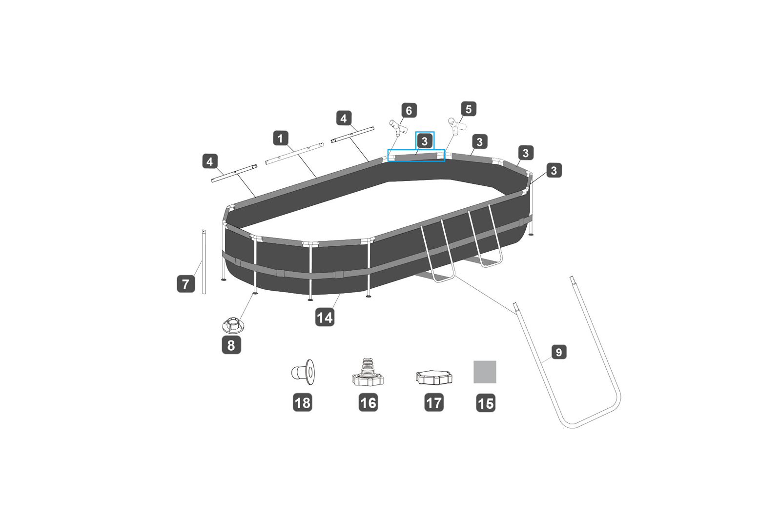 Bestway® Spare Part Top rail C (grey) for pools 488 x 305 x 107 cm, oval