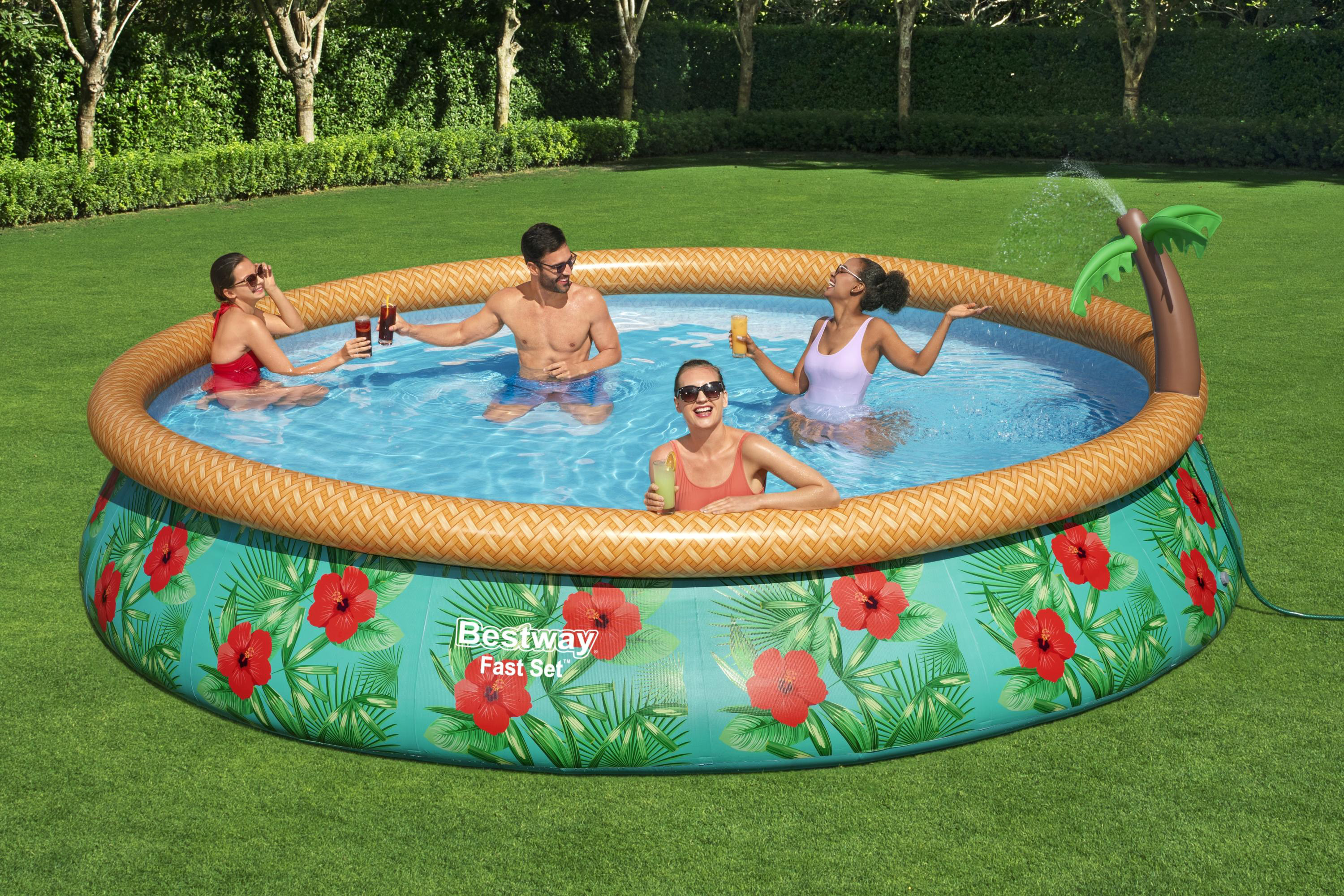 Fast Set™ Aufstellpool Set mit Wassersprinkler und Filterpumpe Ø 457 x 84 cm, Buntes Hawaii, rund