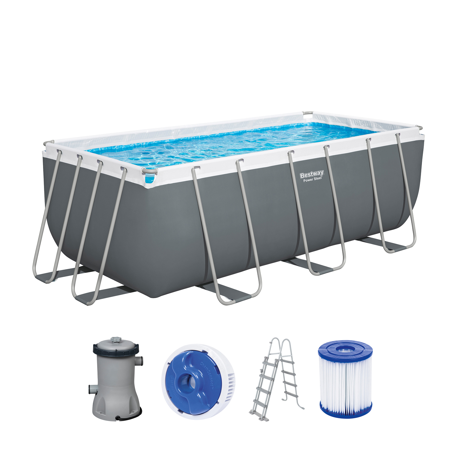 Power Steel™ Frame Pool Set mit Filterpumpe 412 x 201 x 122 cm, grau, eckig