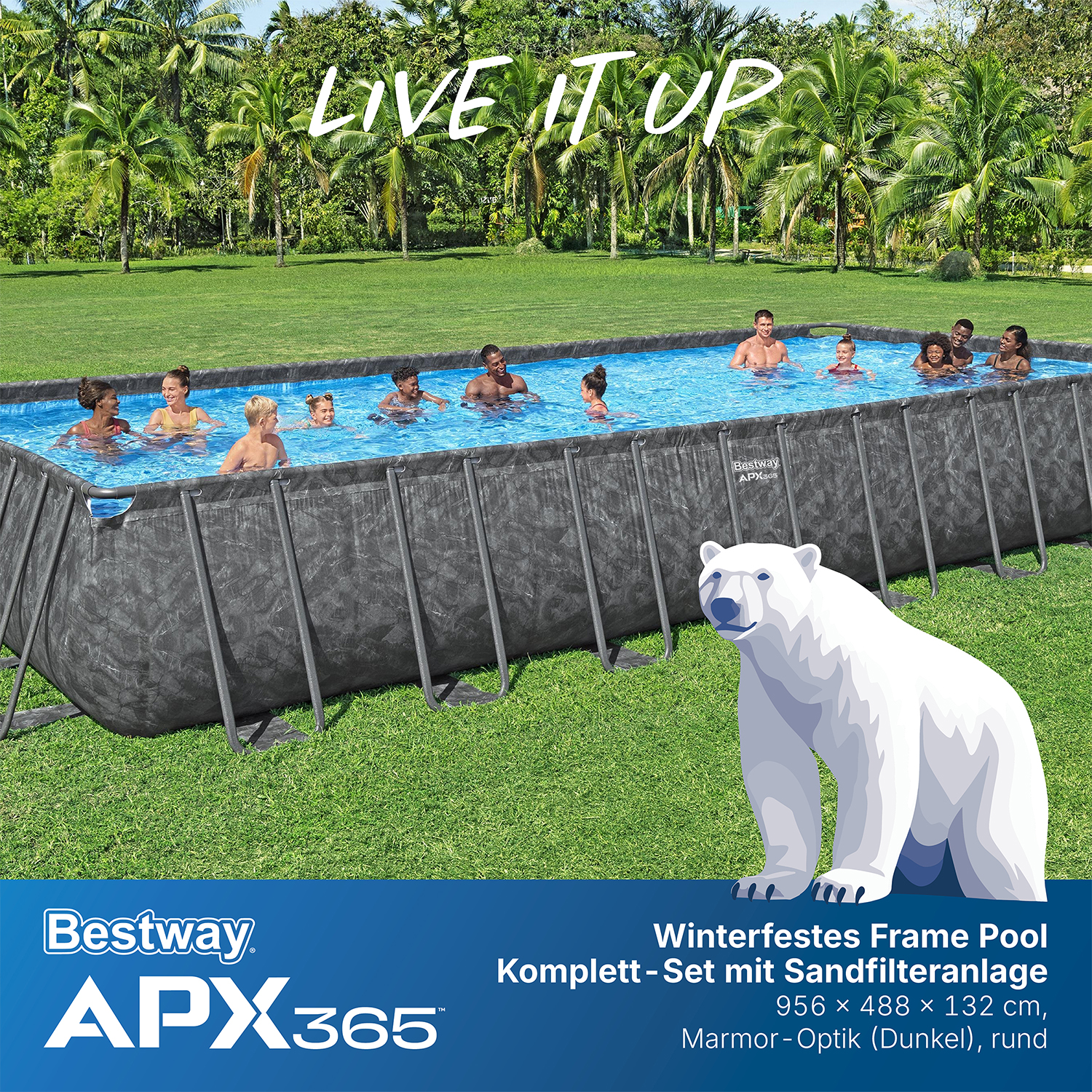 APX365™ Winterfestes Frame Pool Komplett-Set mit Sandfilteranlage 956 x 488 x 132 cm, Marmor-Optik (Dunkel), eckig APX365™ Winterfestes Frame Pool Komplett Set mit Sandfilteranlage 956 x 488 x 132 cm, Marmor-Optik (Dunkel), eckig