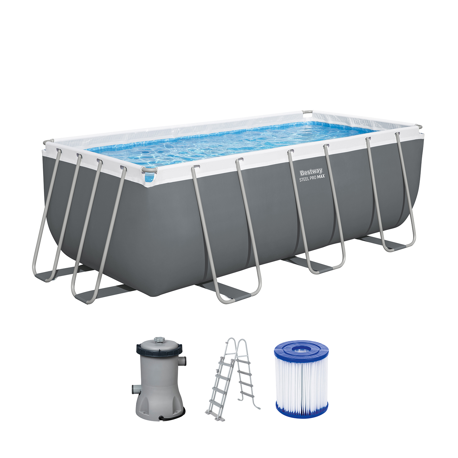 Steel Pro MAX™ Frame Pool Set mit Filterpumpe 412 x 201 x 122 cm, grau, eckig
