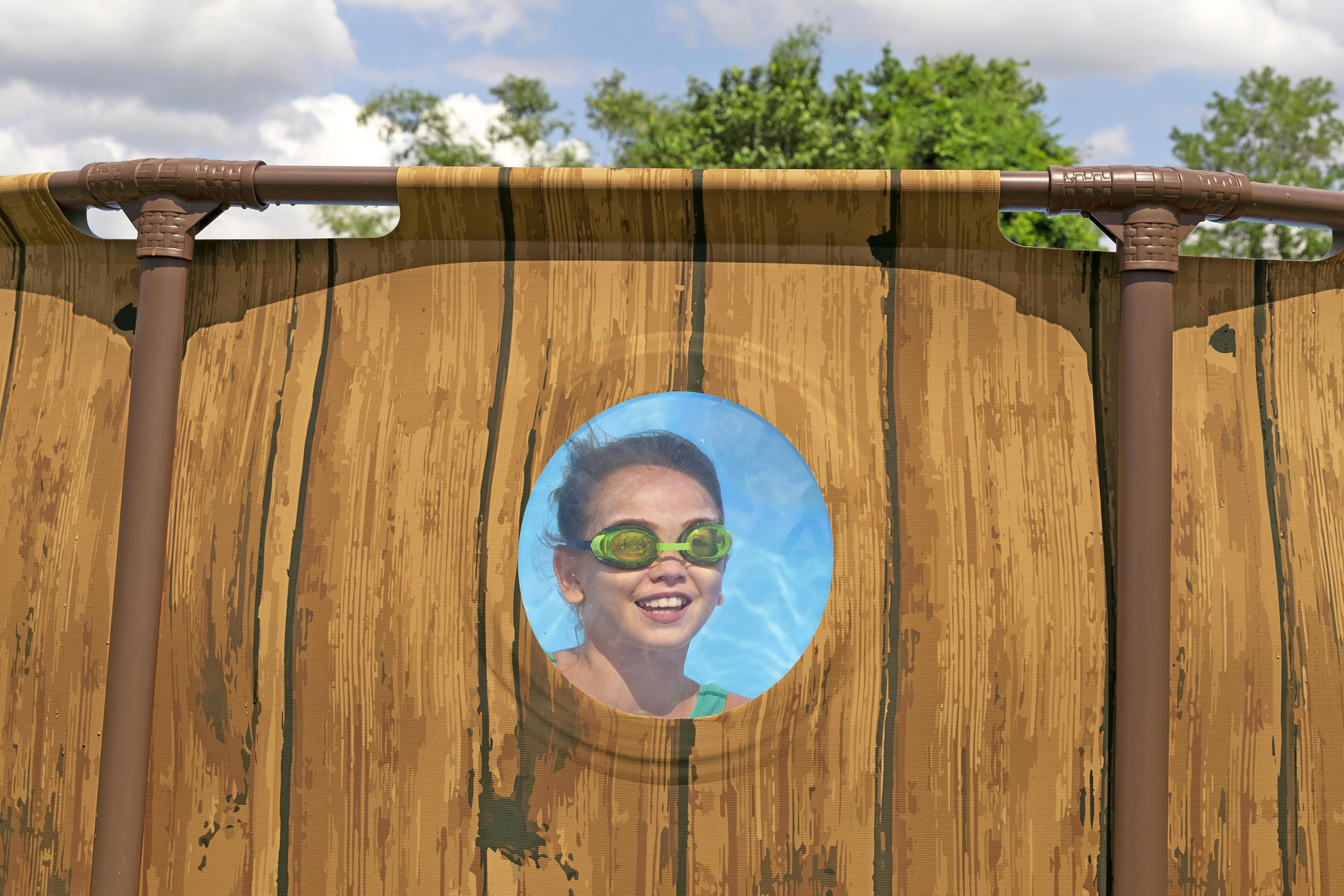 Steel Pro MAX™ Splashview™ Frame Pool Komplett Set mit Filterpumpe Ø 427 x 107 cm, Holz-Optik (Pinie), rund