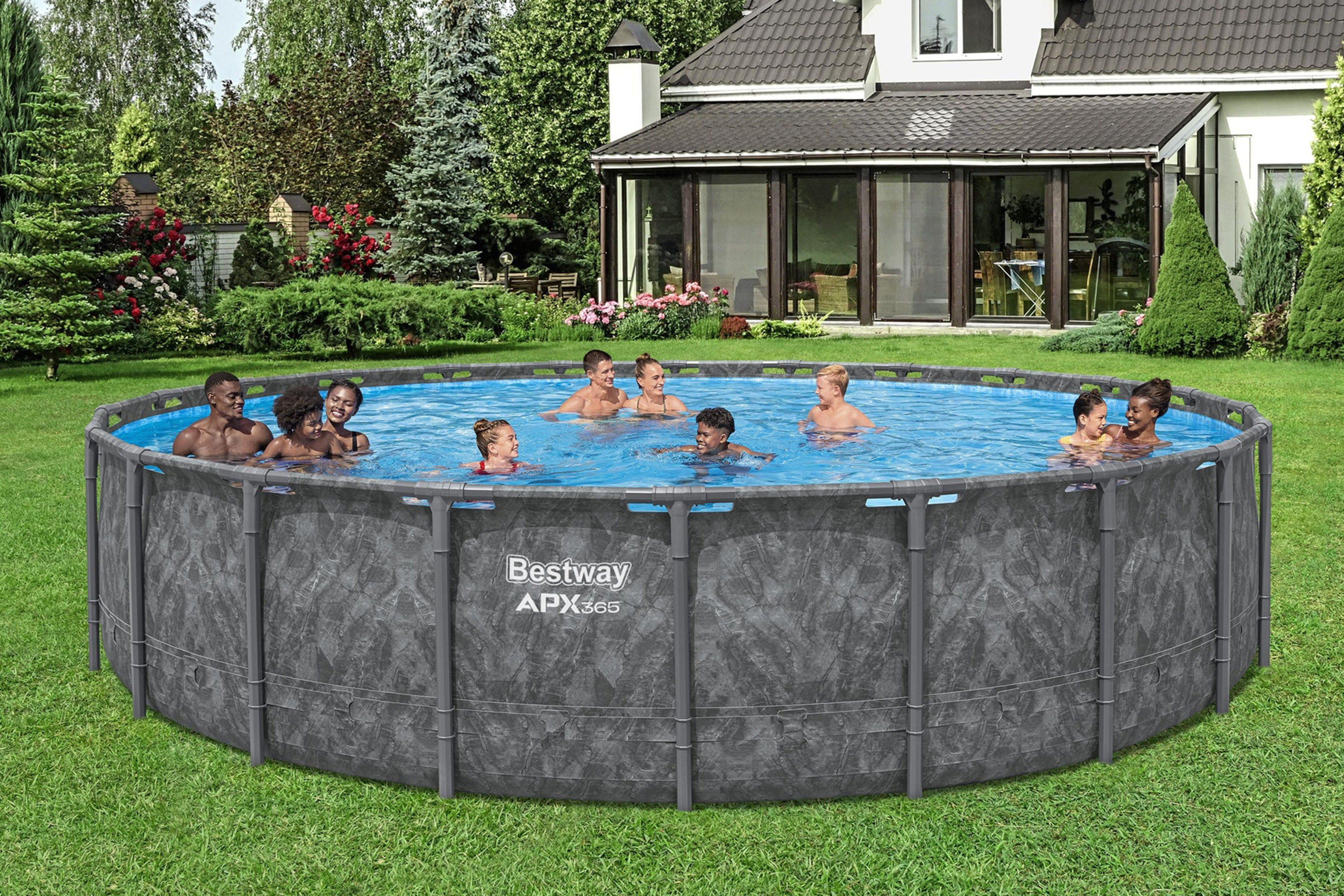 APX365™ Winterfestes Frame Pool Komplett Set mit Sandfilteranlage Ø 671 x 132 cm, Marmor-Optik (Dunkel), rund