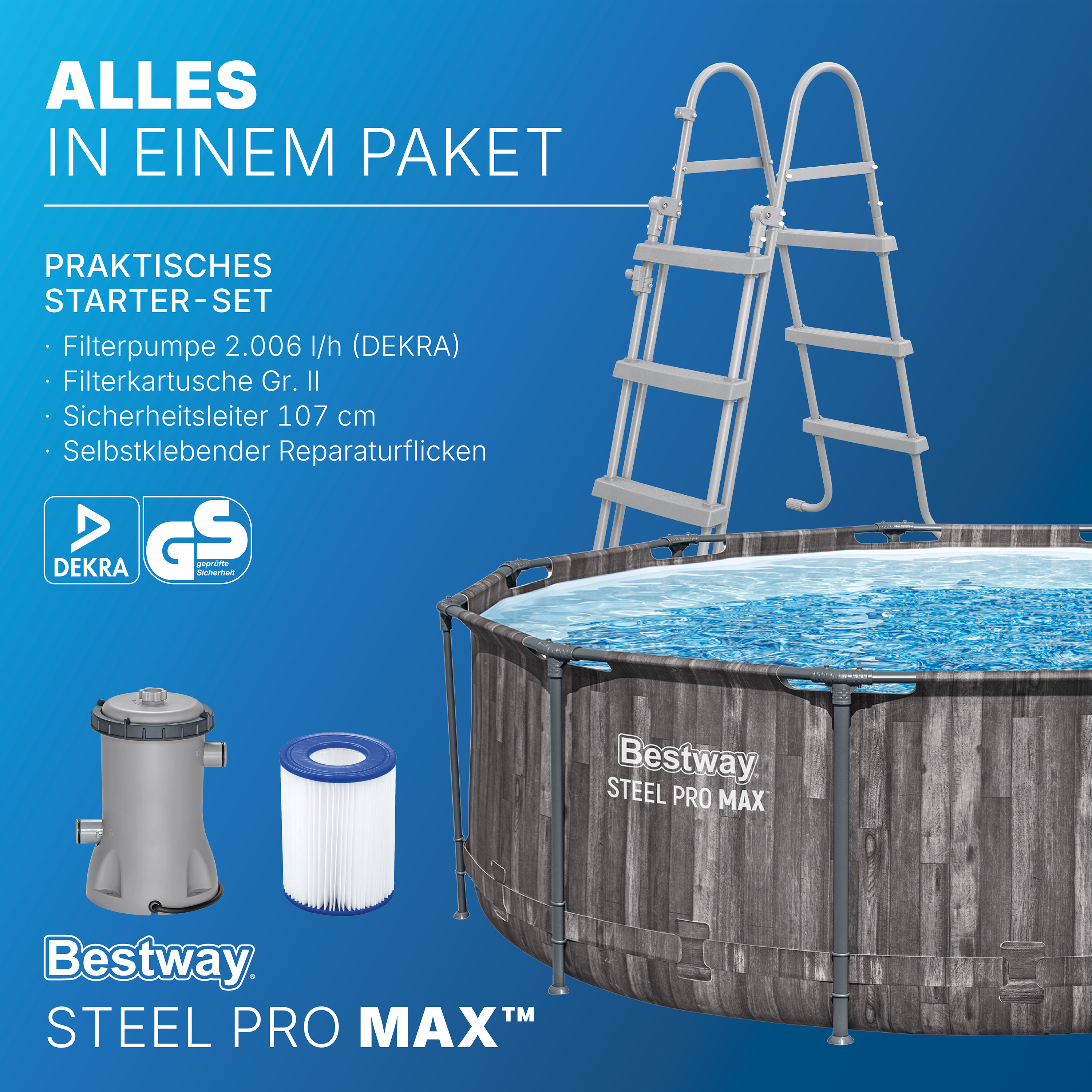Steel Pro MAX™ Frame Pool-Set mit Filterpumpe Ø 366 x 100 cm, Holz-Optik (Mooreiche), rund