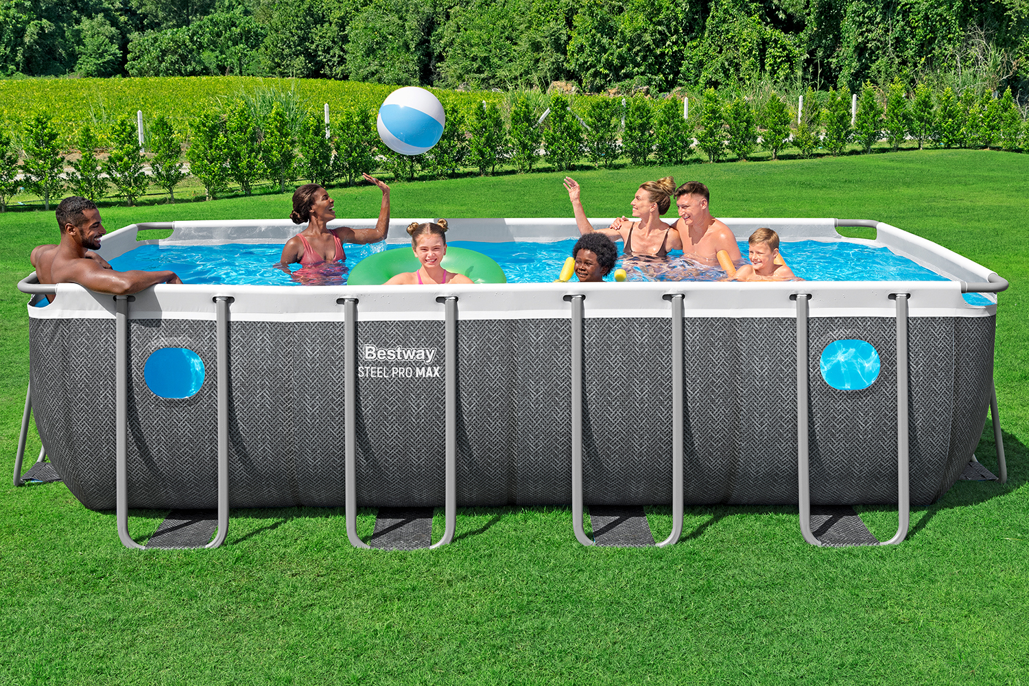Steel Pro MAX™ Splashview™ Frame Pool Komplett Set mit Filterpumpe  488 x 244 x 122 cm, Rattan-Optik (Schiefergrau), eckig