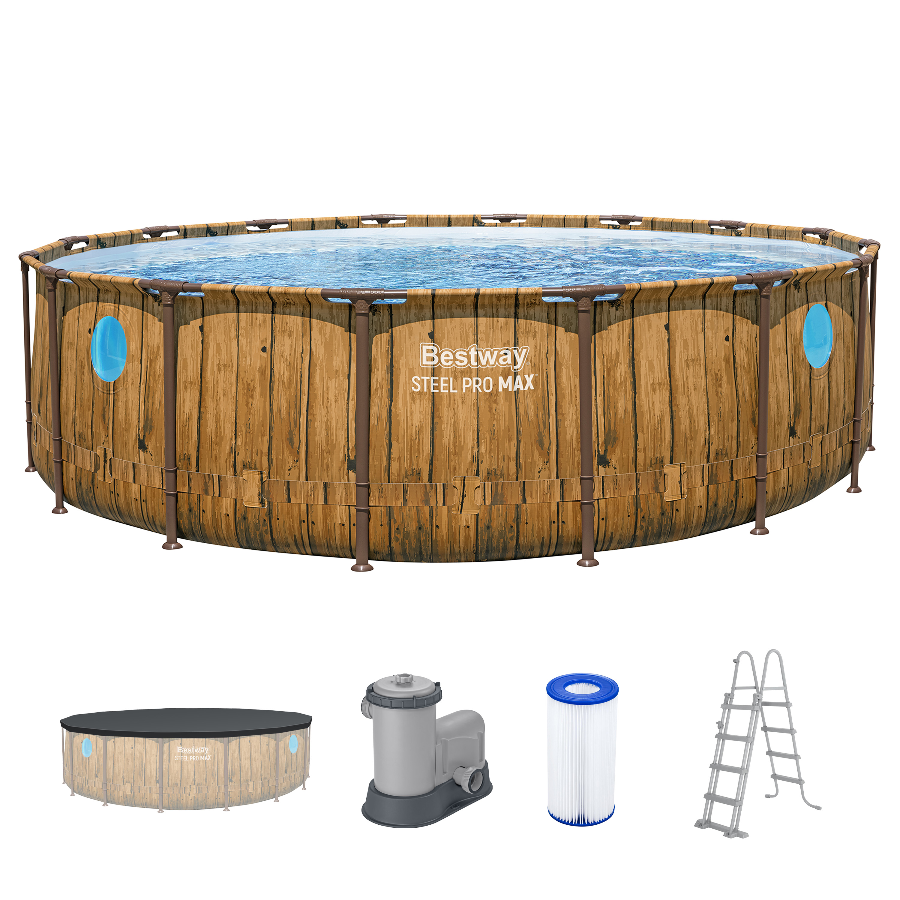 Steel Pro MAX™ Splashview™ Frame Pool Komplett Set mit Filterpumpe Ø 488 x 122 cm, Holz-Optik (Pinie), rund