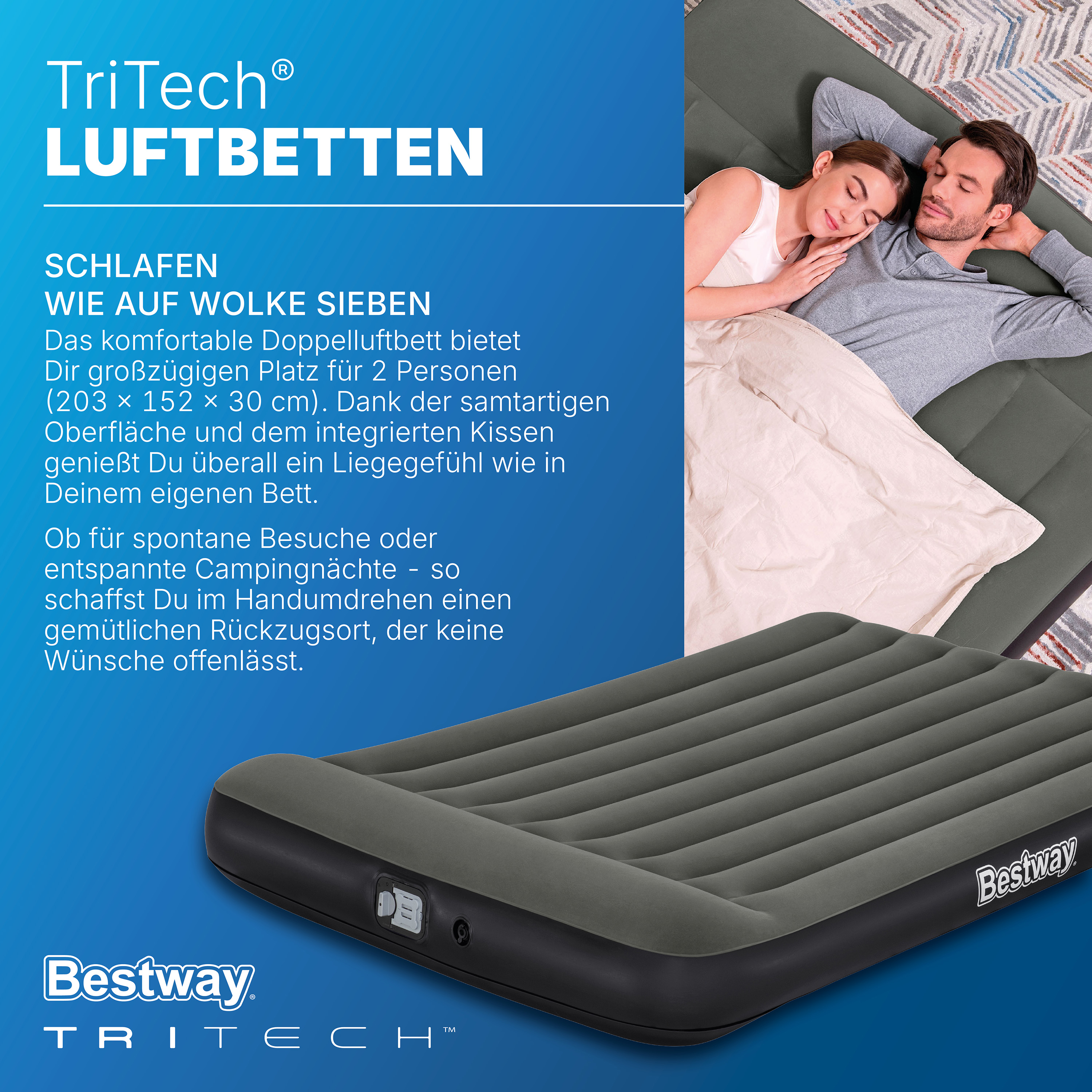 TriTech® Doppelluftbett mit integrierter, batteriebetriebener Elektropumpe 203 x 152 x 30 cm