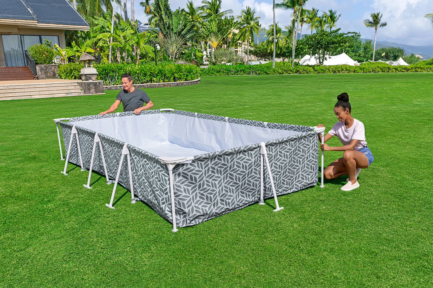 Steel Pro™ Frame Pool Set mit Filterpumpe 366 x 201 x 66 cm, Blattform-Design, eckig