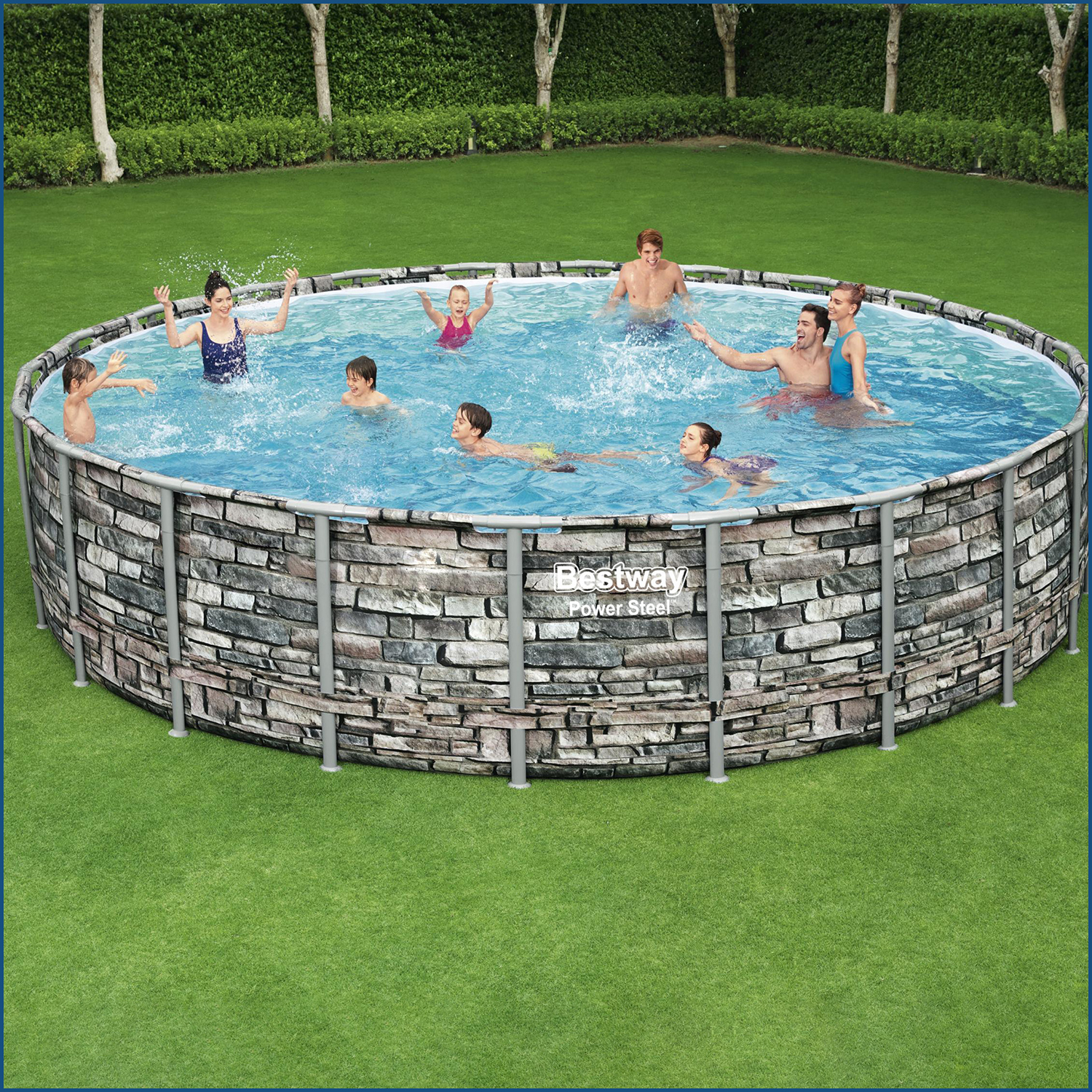 Power Steel™ Frame Pool Komplett-Set mit Filterpumpe Ø 671 x 132 cm Steinwand-Optik (Naturstein), rund
