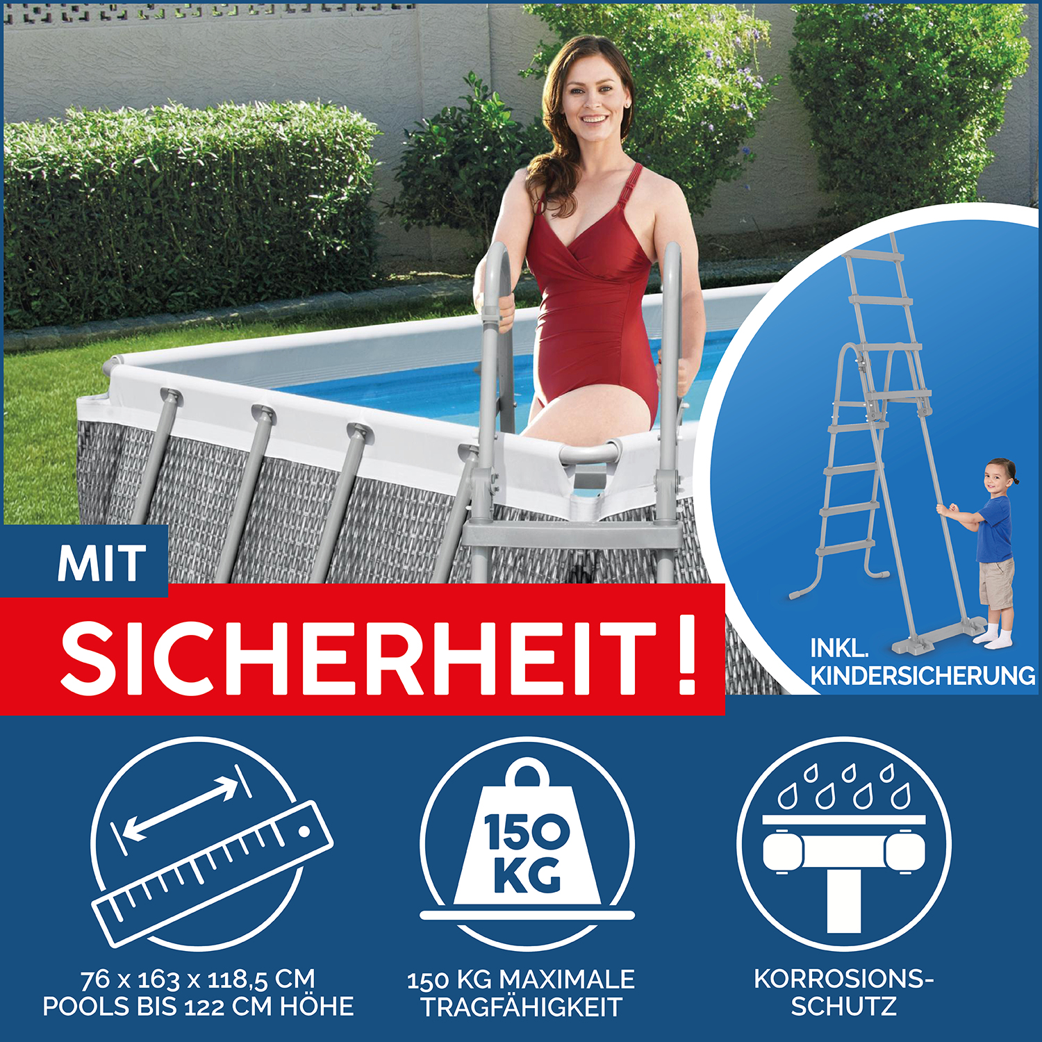 Power Steel™ Frame Pool Komplett Set mit Filterpumpe 488 x 244 x 122 cm, Rattan-Optik (Schiefergrau), eckig