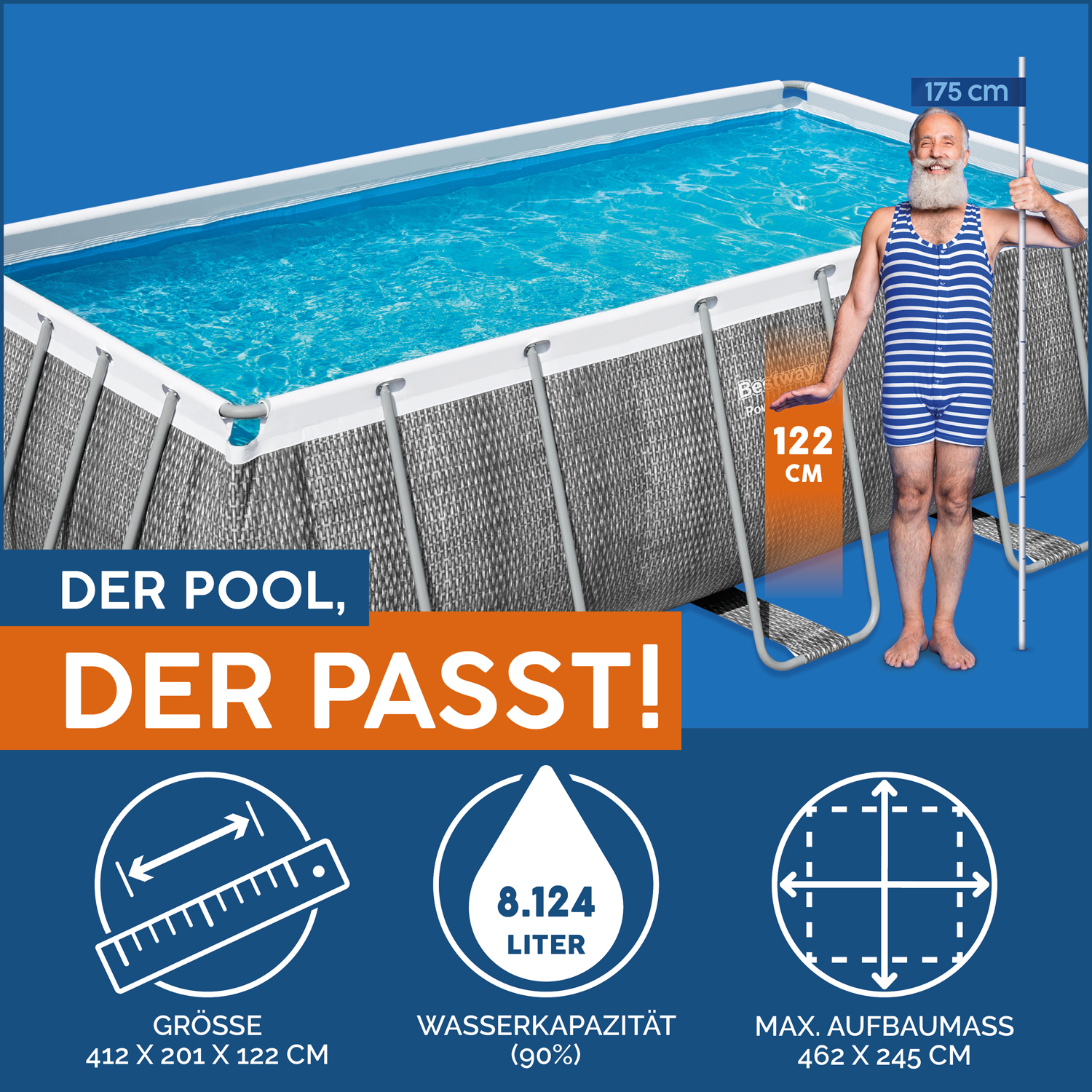 Power Steel™ Frame Pool Set mit Filterpumpe 412 x 201 x 122 cm, Rattan-Optik (Schiefergrau), eckig