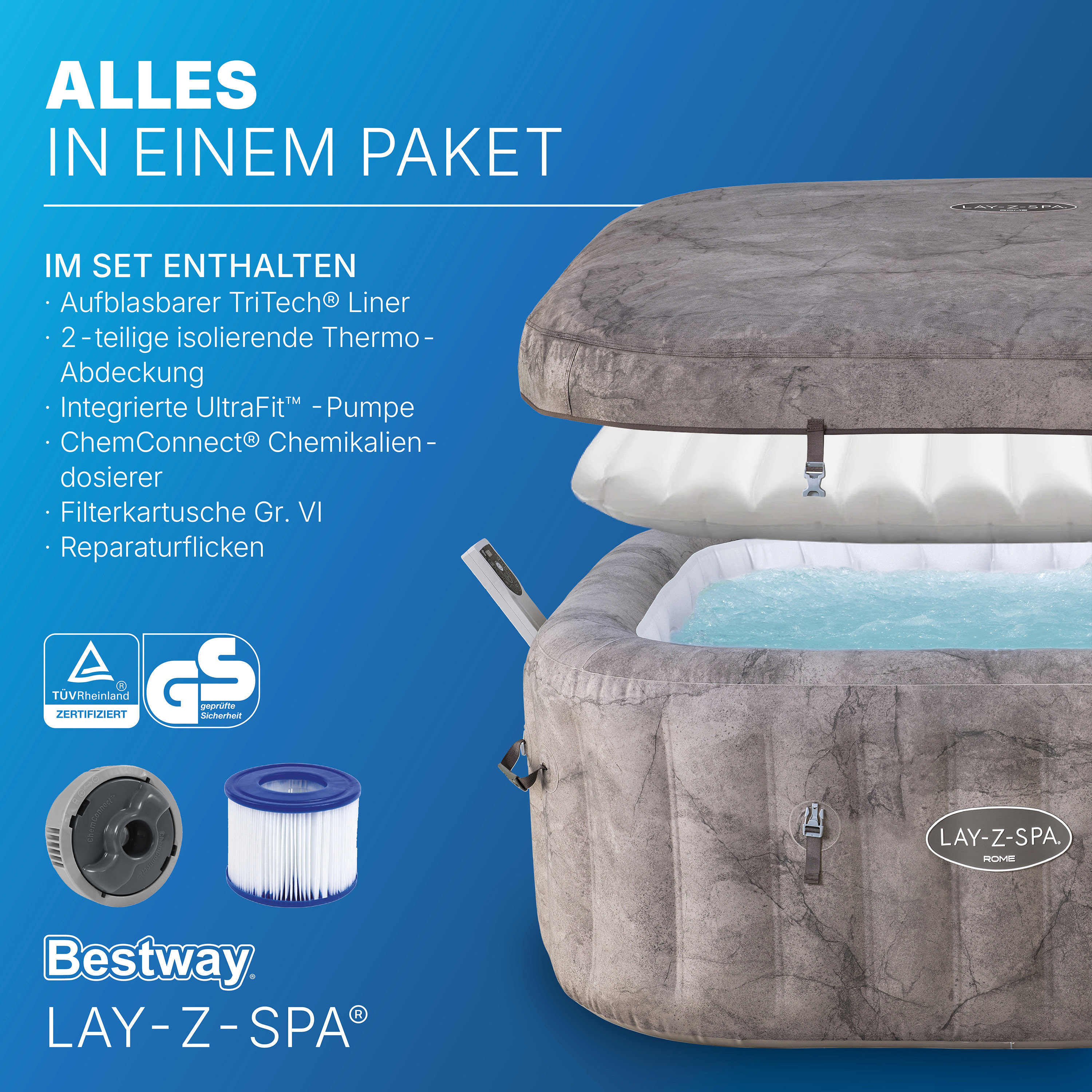 LAY-Z-SPA® WLAN-Whirlpool Rome AirJet™ mit App-Steuerung, für 6 Personen, 180 x 180 x 71 cm, Marmor-Optik (Braun)