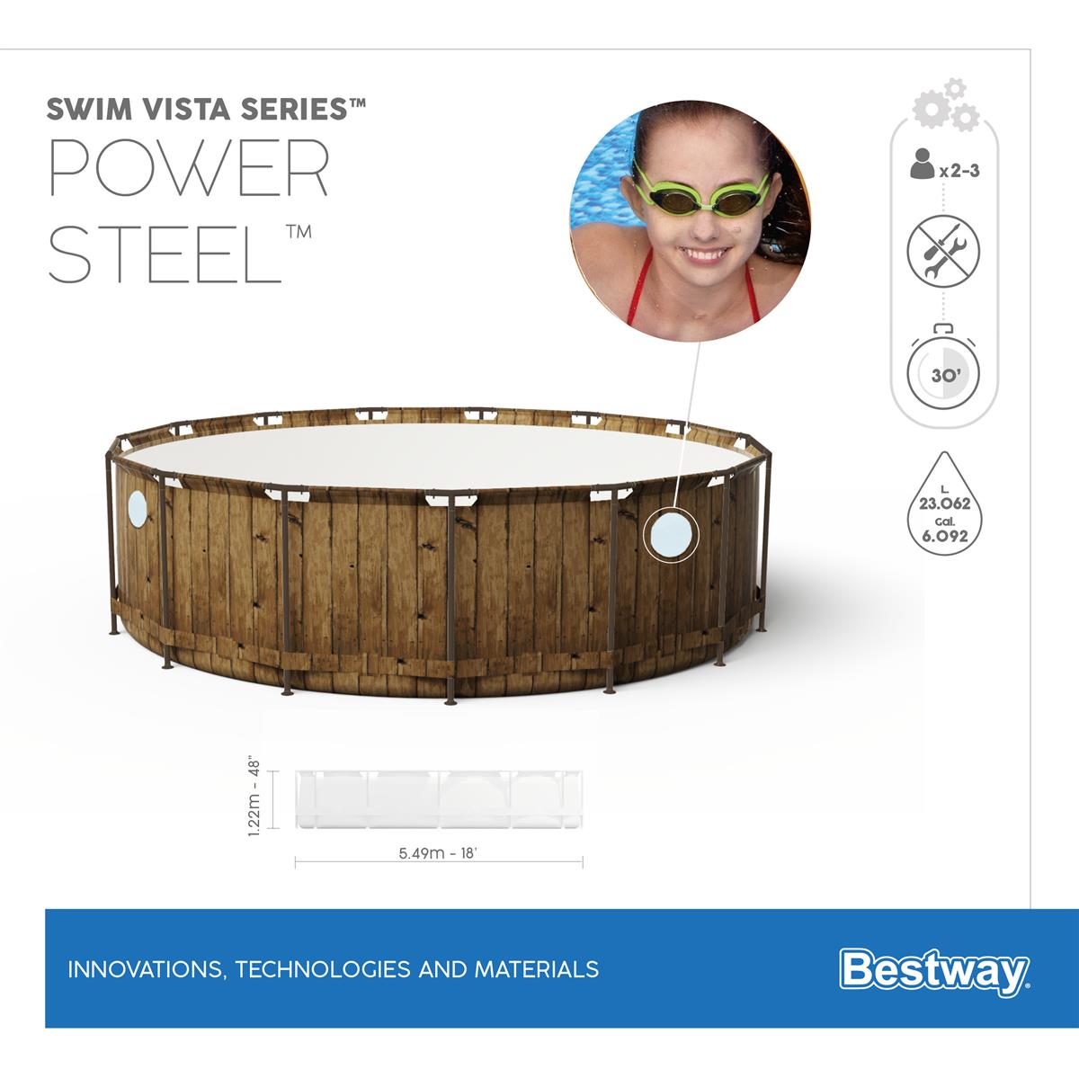 Power Steel™ Swim Vista Series™ Frame Pool Komplett-Set mit Filterpumpe Ø 549 x 122 cm, Holz-Optik (Pinie), rund