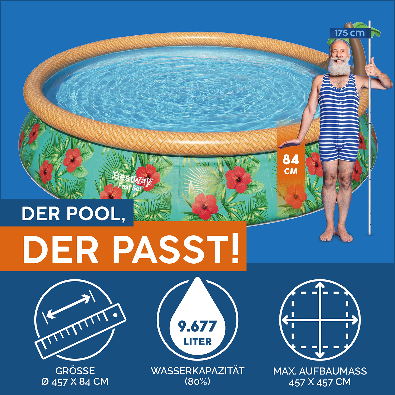 Fast Set™ Aufstellpool-Set mit Wassersprinkler und Filterpumpe Ø 457 x 84 cm, Buntes Hawaii, rund Fast Set™ Aufstellpool-Set mit Wassersprinkler und Filterpumpe Ø 457 x 84 cm, Buntes Hawaii, rund