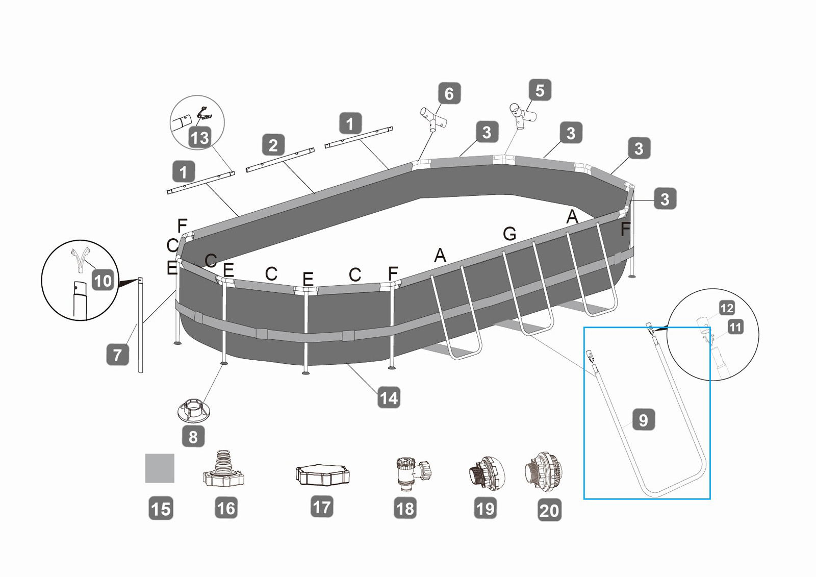 Bestway® Spare Part U-Shaped beam (grey) for Power Steel™ frame pool 549 x 274 x 122 cm, oval