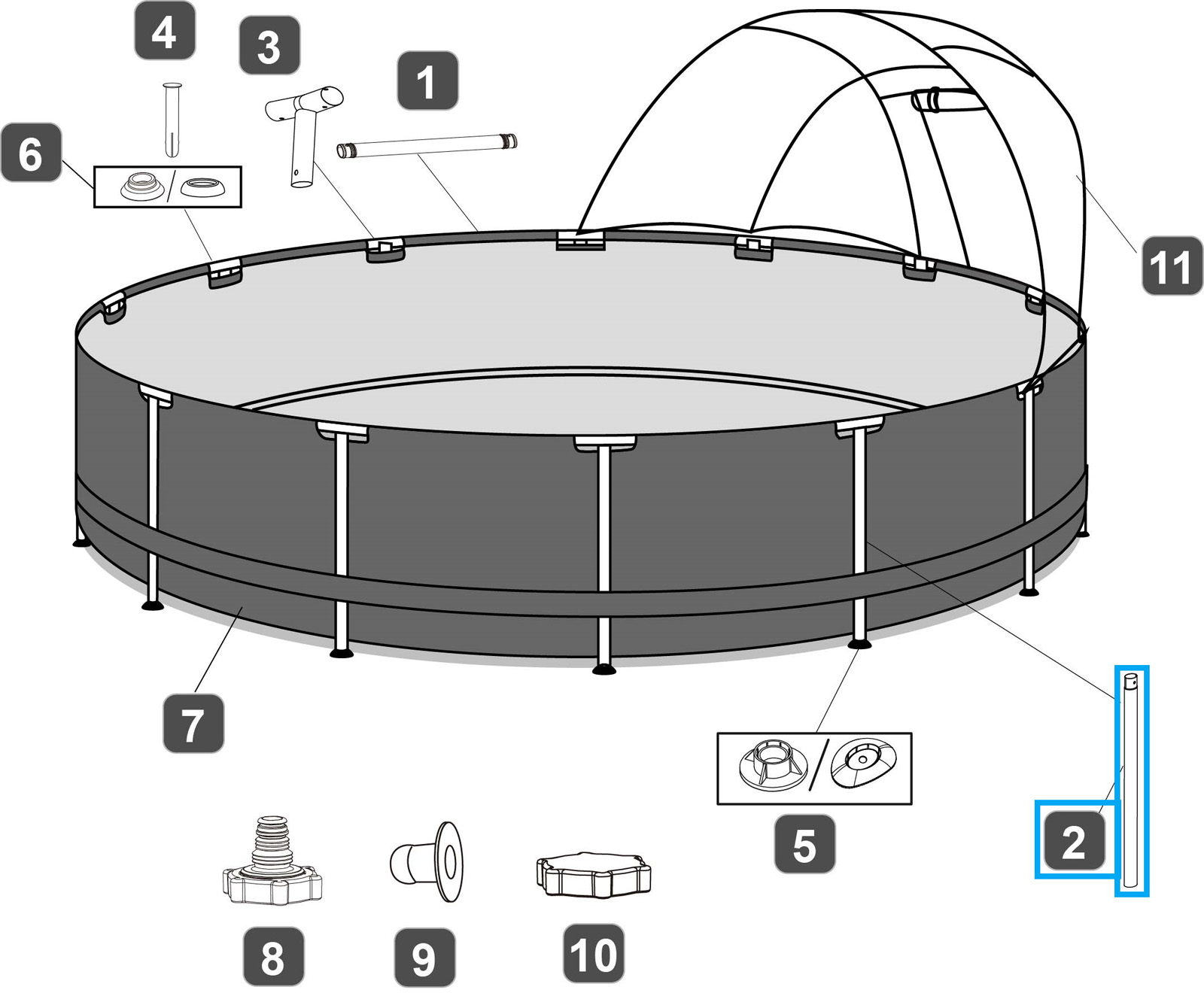 Bestway® Spare Part Vertical pool leg (grey) for Steel Pro™ pool Ø 396 x 107 cm, round Bestway® Spare Part Vertical leg (grey/Seal & Lock System™) for Power Steel™ pool 396 x 107cm, round