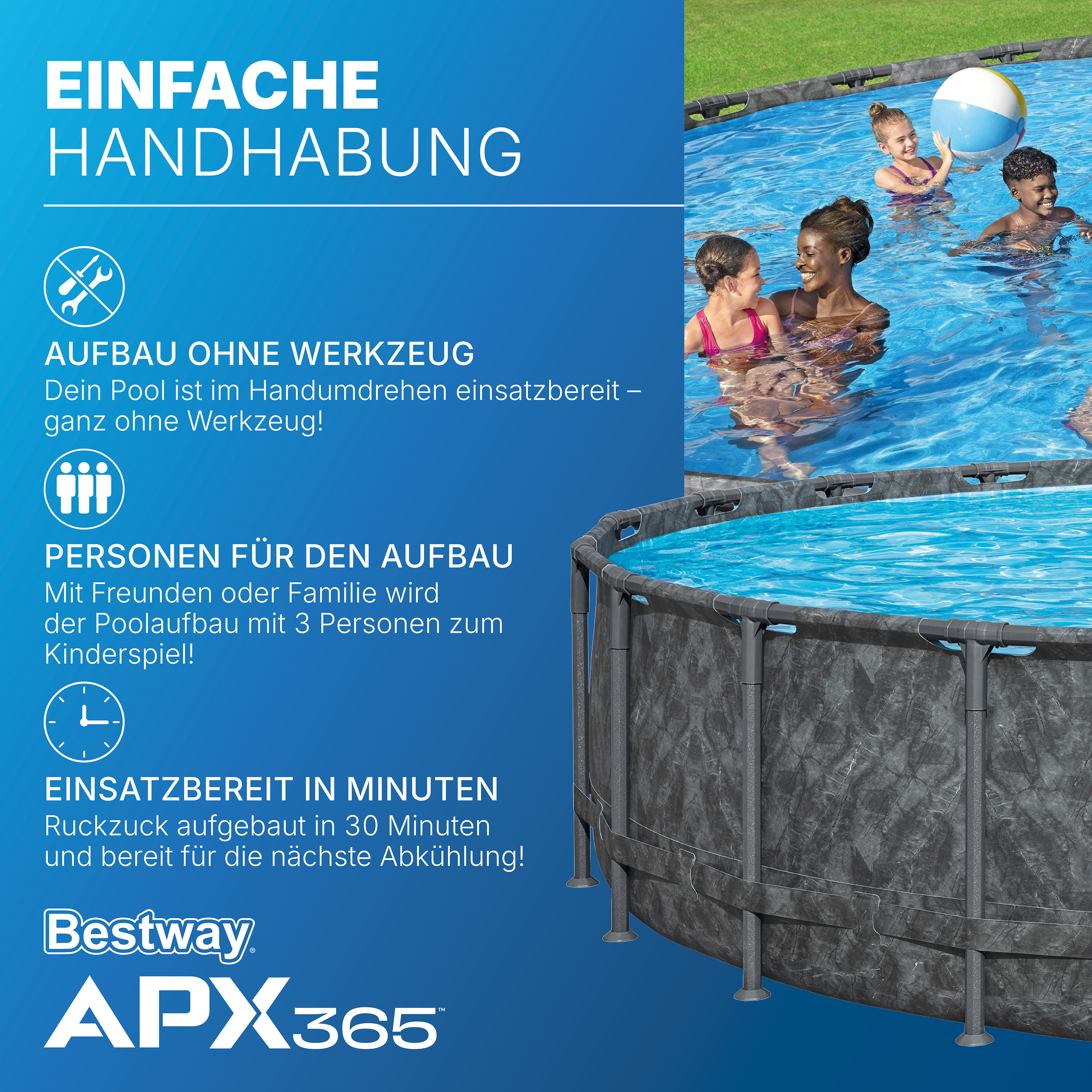 APX365™ Winterfestes Frame Pool Komplett-Set mit Sandfilteranlage Ø 671 x 132 cm, Marmor-Optik (Dunkel), rund