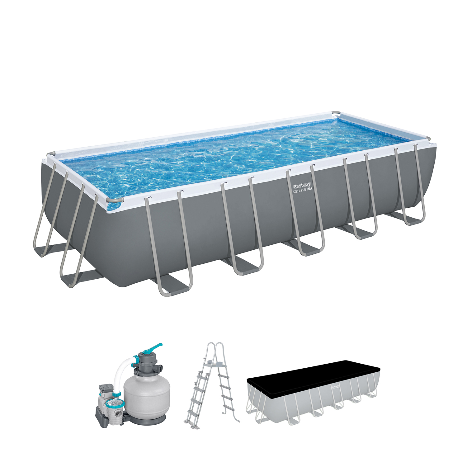 Steel Pro MAX™ Frame Pool Komplett-Set mit Sandfilteranlage 640 x 274 x 132 cm, grau, eckig Steel Pro MAX™ Frame Pool Komplett-Set mit Sandfilteranlage 640 x 274 x 132 cm, grau, eckig