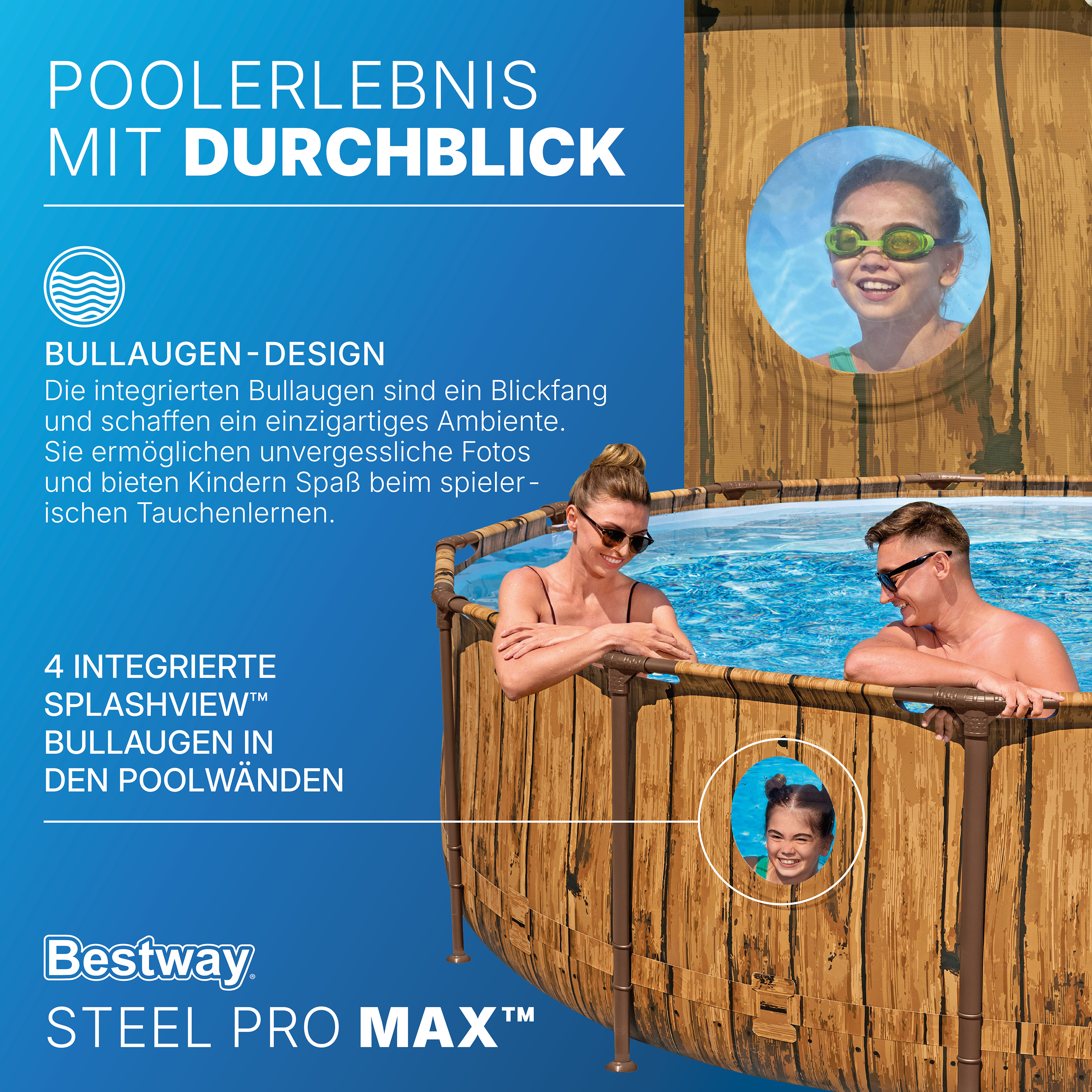 Steel Pro MAX™ Splashview™ Frame Pool Komplett Set mit Filterpumpe Ø 488 x 122 cm, Holz-Optik (Pinie), rund