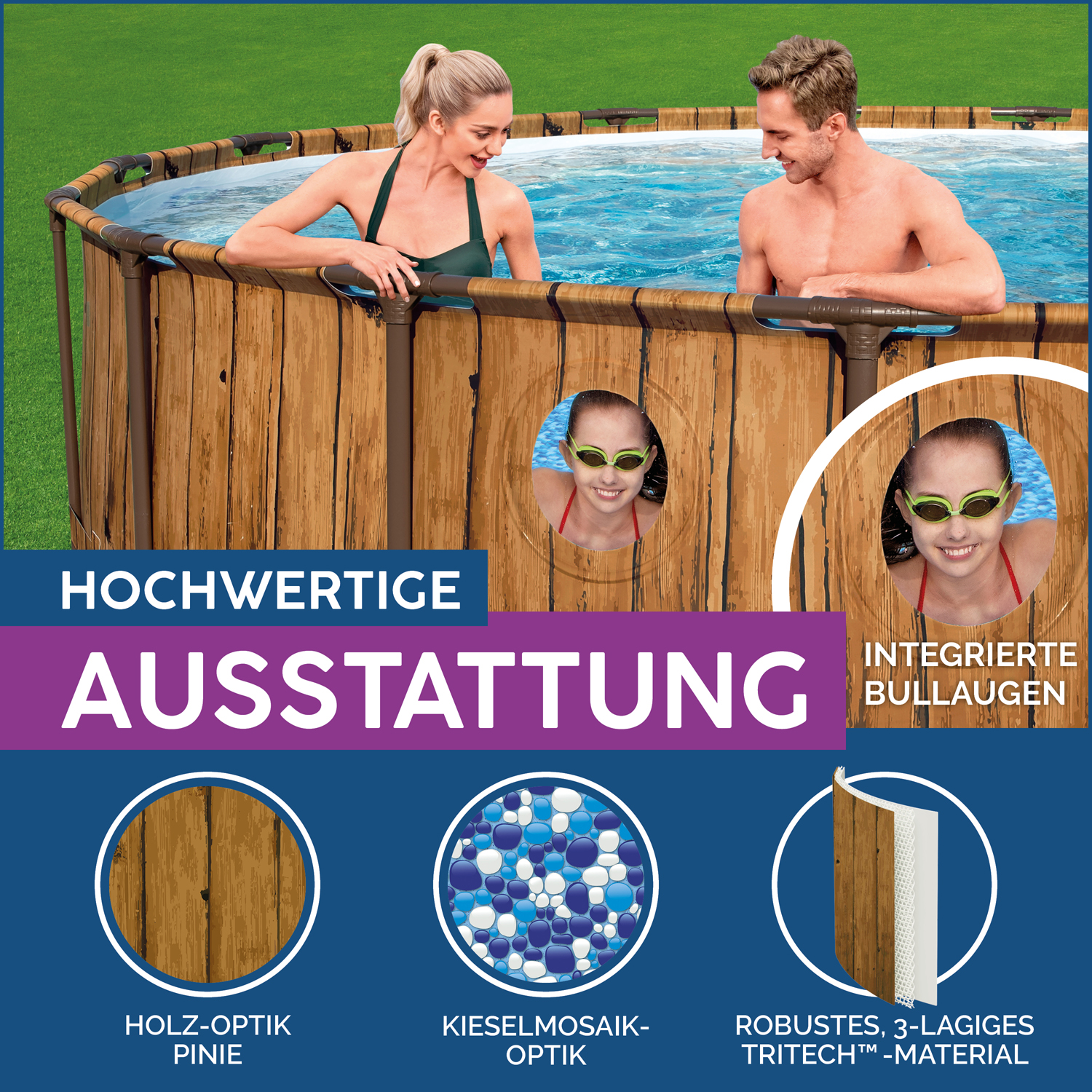 Power Steel™ Swim Vista Series™ Frame Pool Komplett-Set mit Filterpumpe Ø 488 x 122 cm, Holz-Optik (Pinie), rund