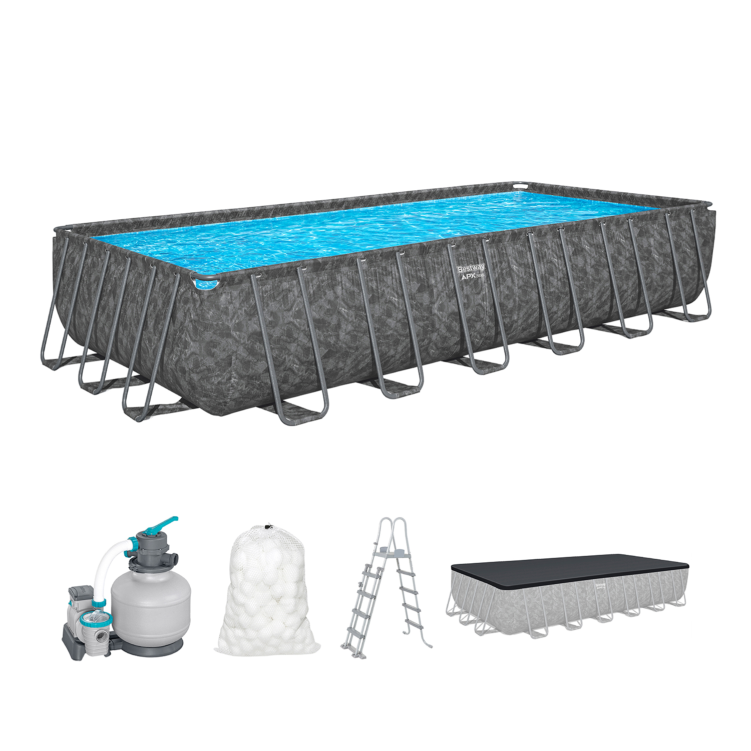 APX365™ Winterfestes Frame Pool Komplett-Set mit Sandfilteranlage 732 x 366 x 132 cm, Marmor-Optik (Dunkel), eckig