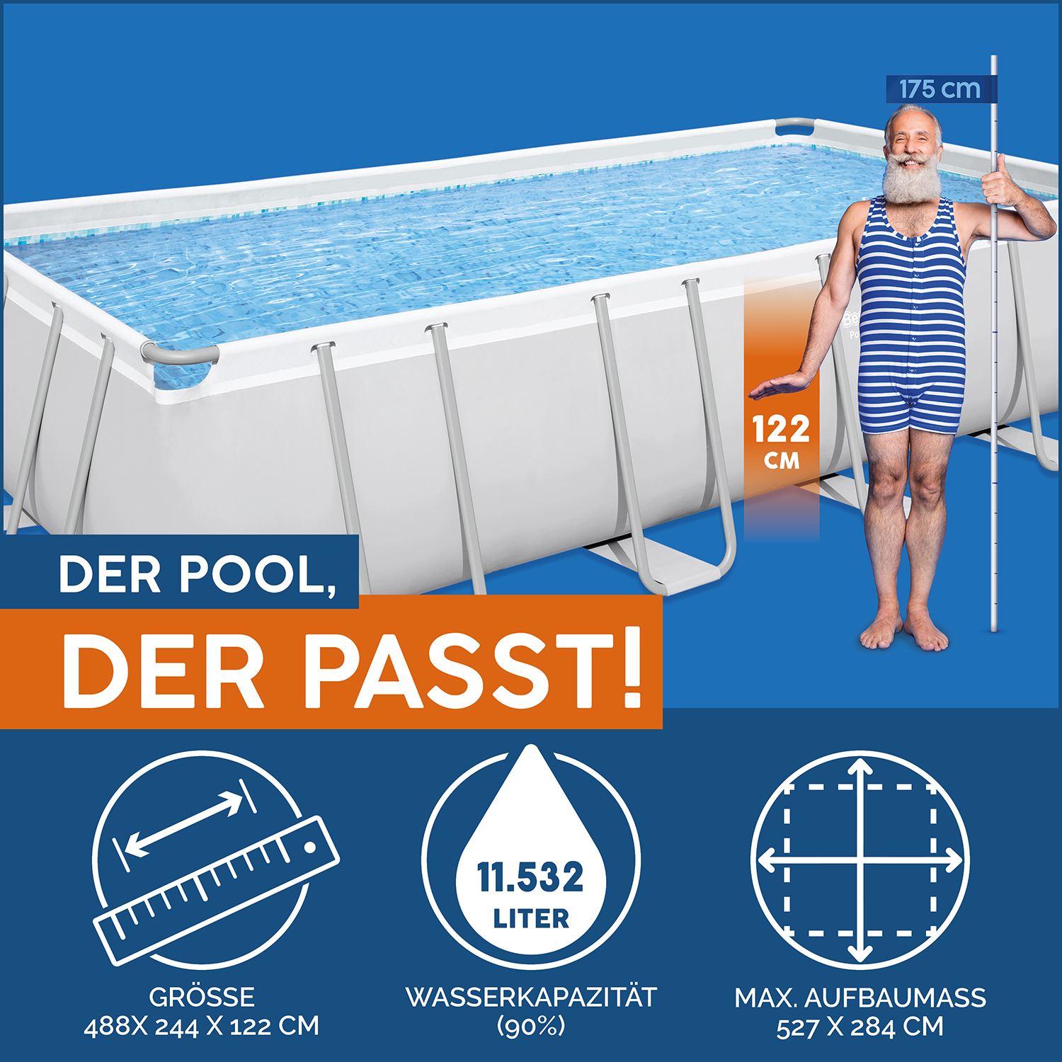 Power Steel 16' x 8' x 48"/4.88m x 2.44m x 1.22m Rectangular Pool